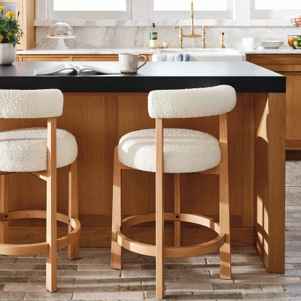 MAVA Upholstered and Wood Boucle Counter Height Barstool Cream - Threshold™: Round, Stained, Polyurethane Foam Filled