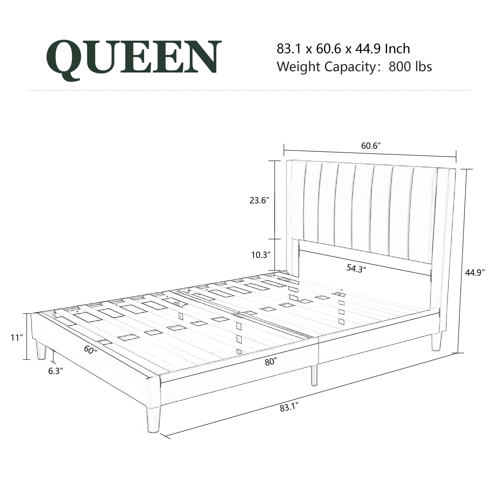 MAVA Queen Size Platform Upholstered Bed Frame with Velvet Channel Headboard, Black