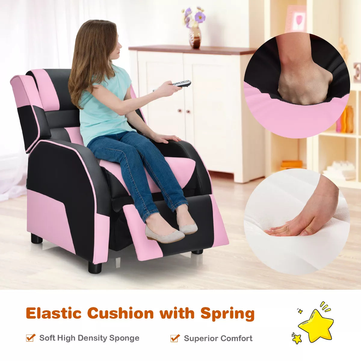 MAVA Infans Kids Youth Gaming Sofa Recliner W/ Headrest & Footrest PU Leather Pink