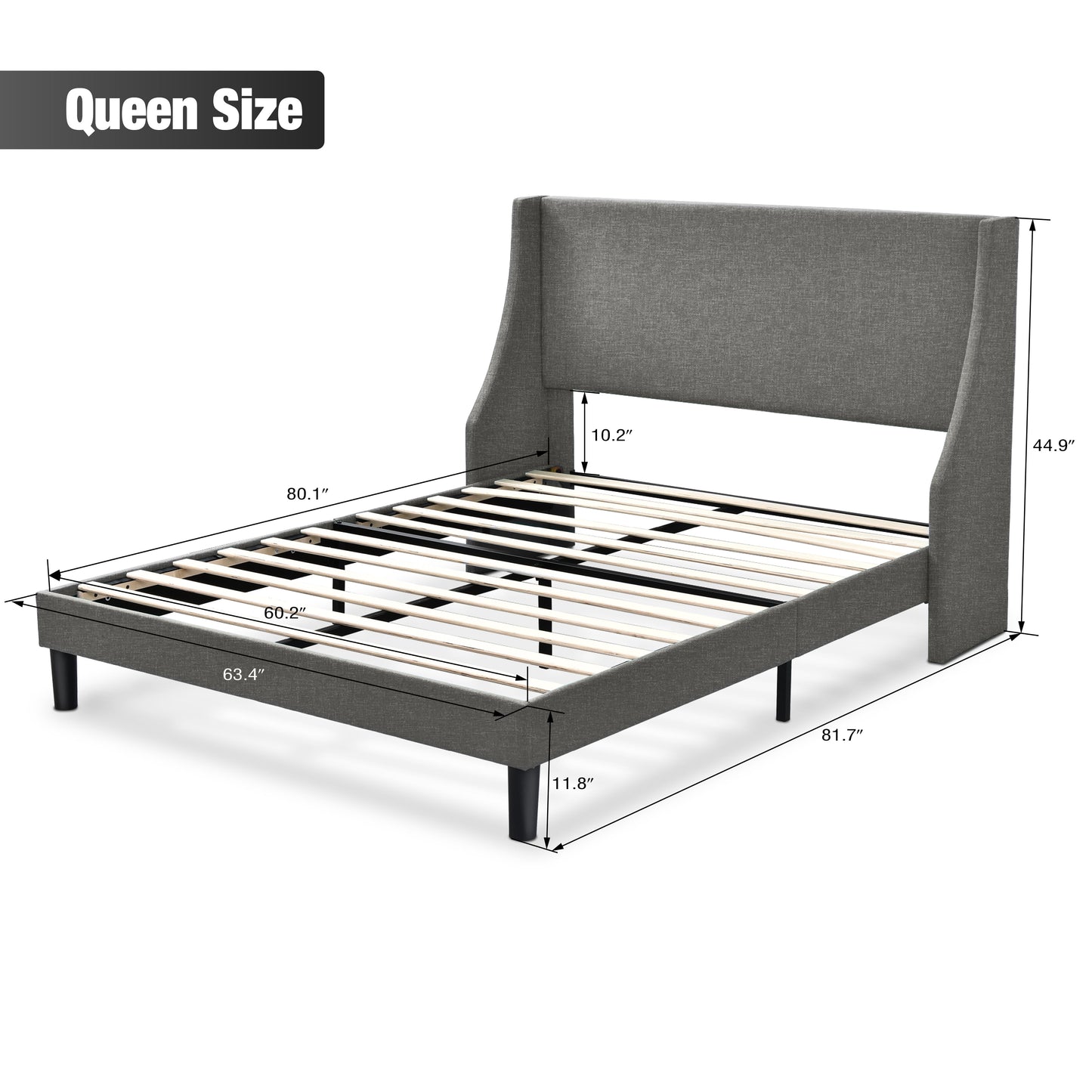 MAVA Queen Size Fabric Upholstered Platform Bed Frame with Wingback Headboard, Light Grey