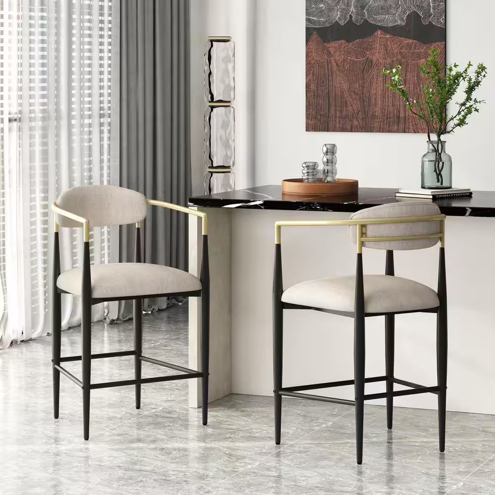 MAVA 37.25 In. Low Back Beige and Black Wood Counter Stool (Set of 2) Extra Tall