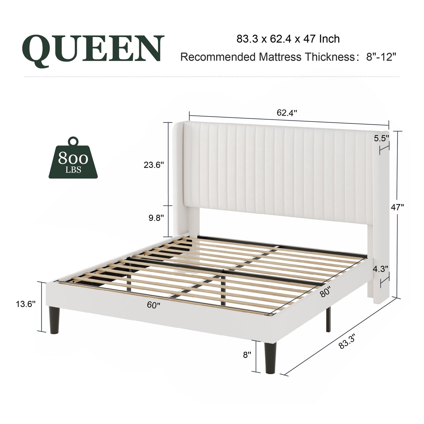 MAVA Queen Size Velvet Vertical Stripe Upholstered Bed Frame with Wingback Headboard, Off-White