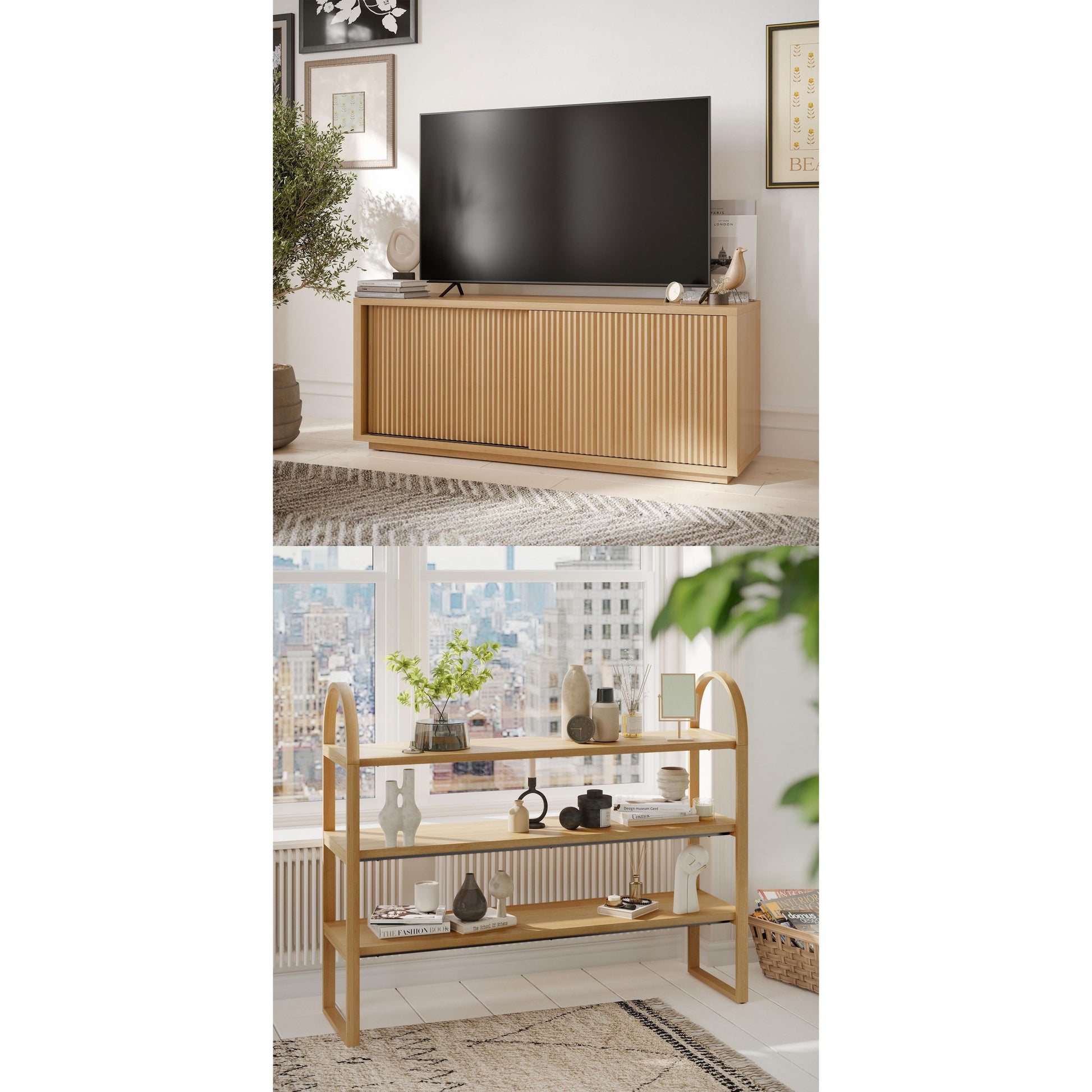 MAVA Large Bookcase Entertainment Center for Tv’S up to 65” by Drew Barrymore, Warm Honey Finish