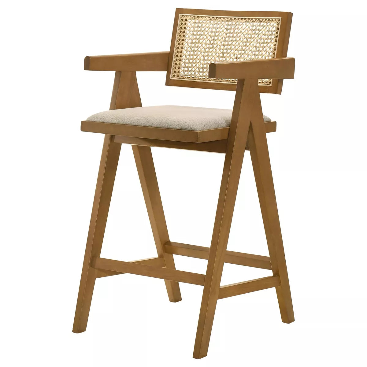 MAVA Home Furnishings Kane Solid Wood Bar Stool with Woven Rattan Back and Upholstered Seat Light Walnut (Set of 2)