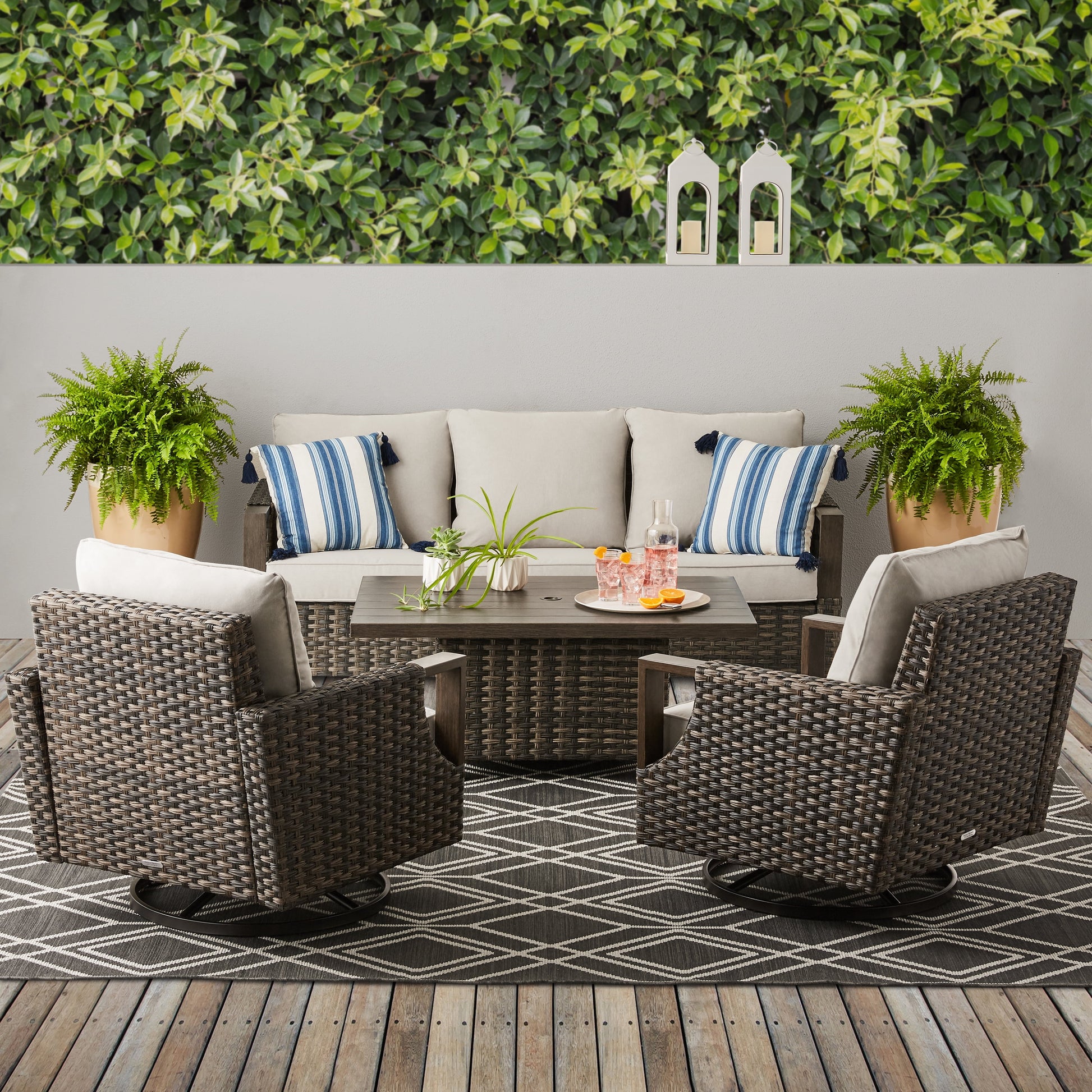 MAVA Outdoor Wicker Sofa and Adjustable Height Table Set, Brown