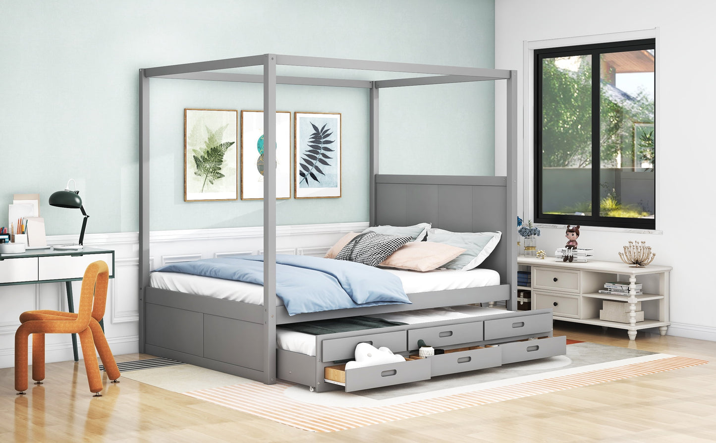 MAVA Queen Size Canopy Platform Bed with Trundle Bed and Drawers, Solid Wood Canopy Bed Frame with 3 Storage Drawers, Gray