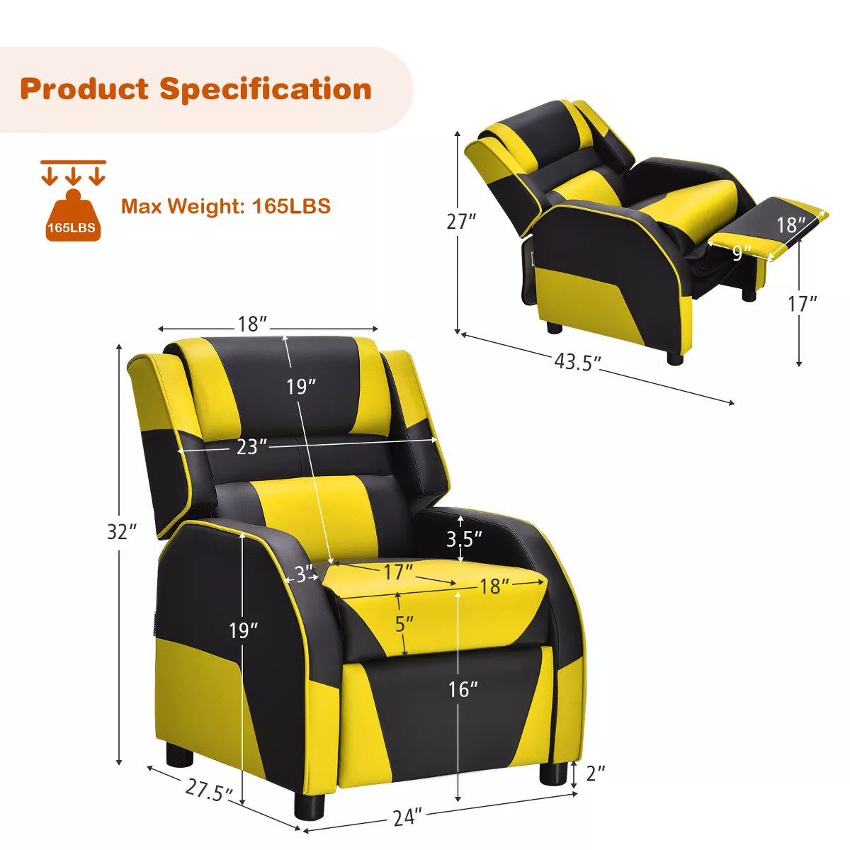 MAVA Infans Kids Youth Gaming Sofa Recliner W/Headrest & Footrest PU Leather Yellow