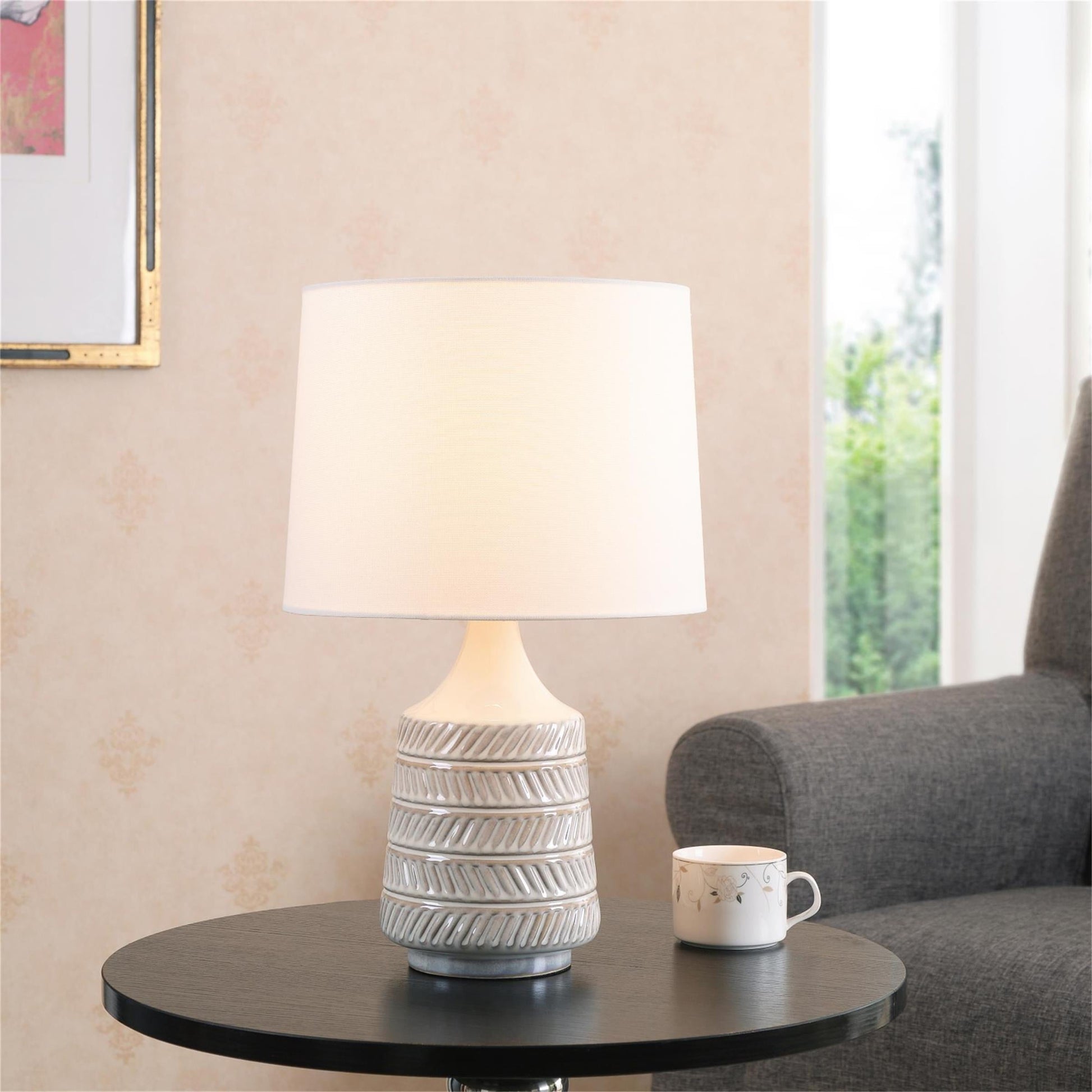 MAVA White and Beige Etched Ceramic Table Lamp with Shade 17"H