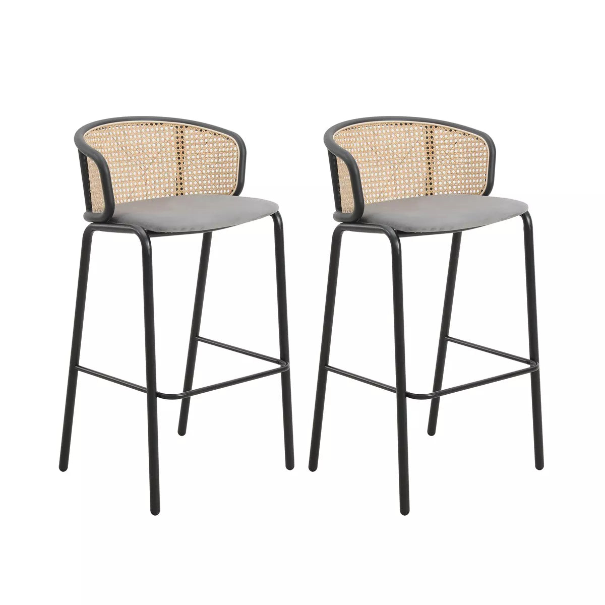 MAVA Mid-Century Modern Wicker Bar Stool with Fabric Seat and Black Powder Coated Steel Frame, Set of 2