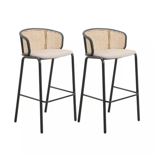 MAVA Mid-Century Modern Wicker Bar Stool with Fabric Seat and Black Powder Coated Steel Frame, Set of 2