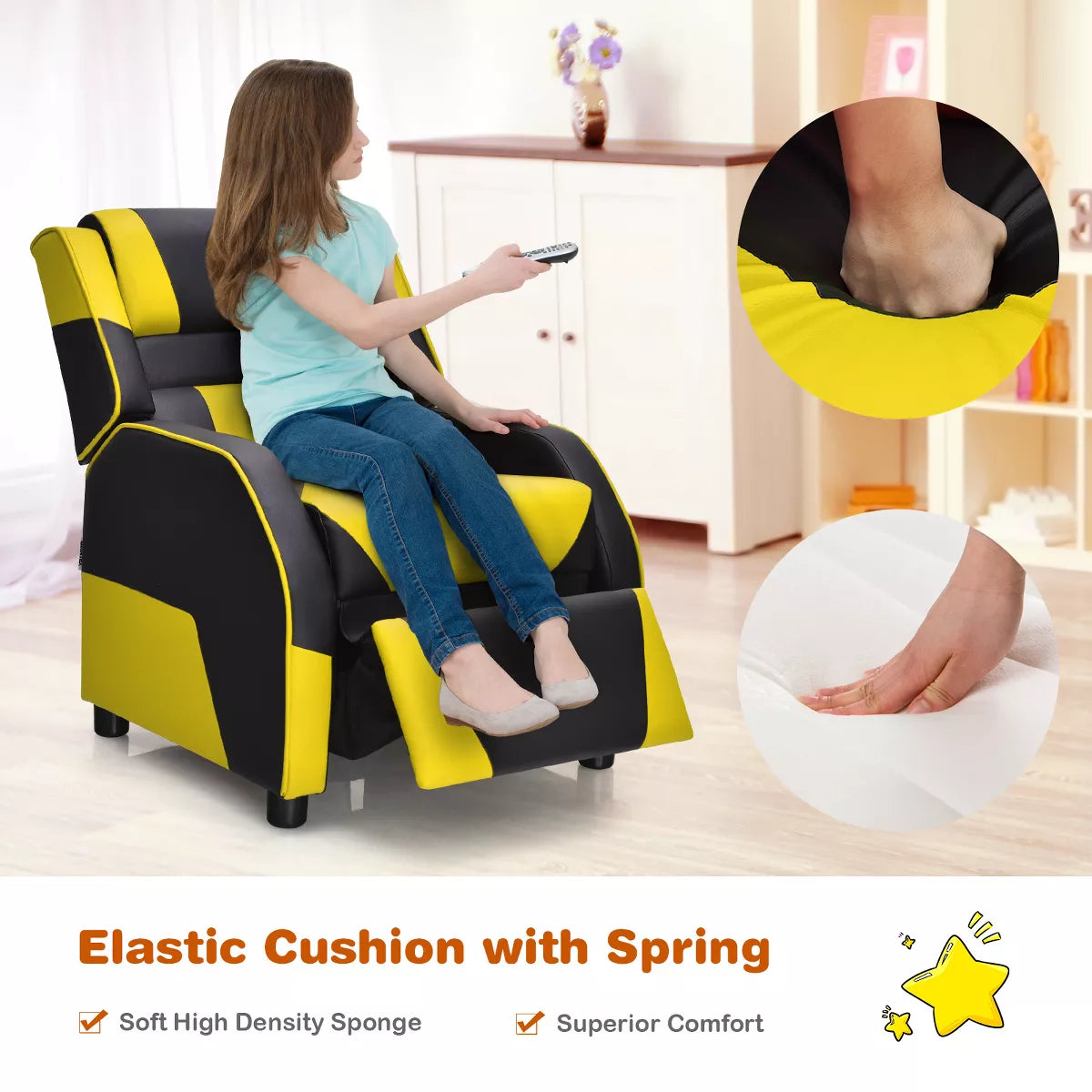 MAVA Infans Kids Youth Gaming Sofa Recliner W/Headrest & Footrest PU Leather Yellow