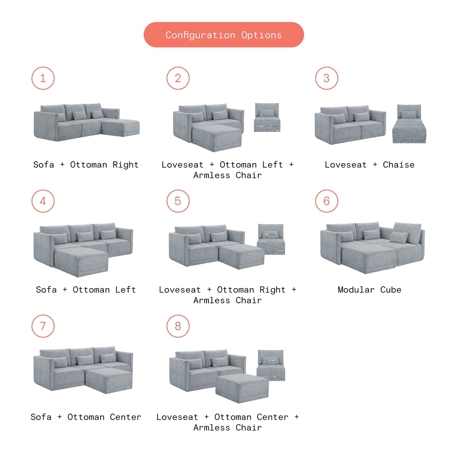 MAVA Modular Sectional Sofa with Ottoman by Drew Barrymore, Gray Fabric