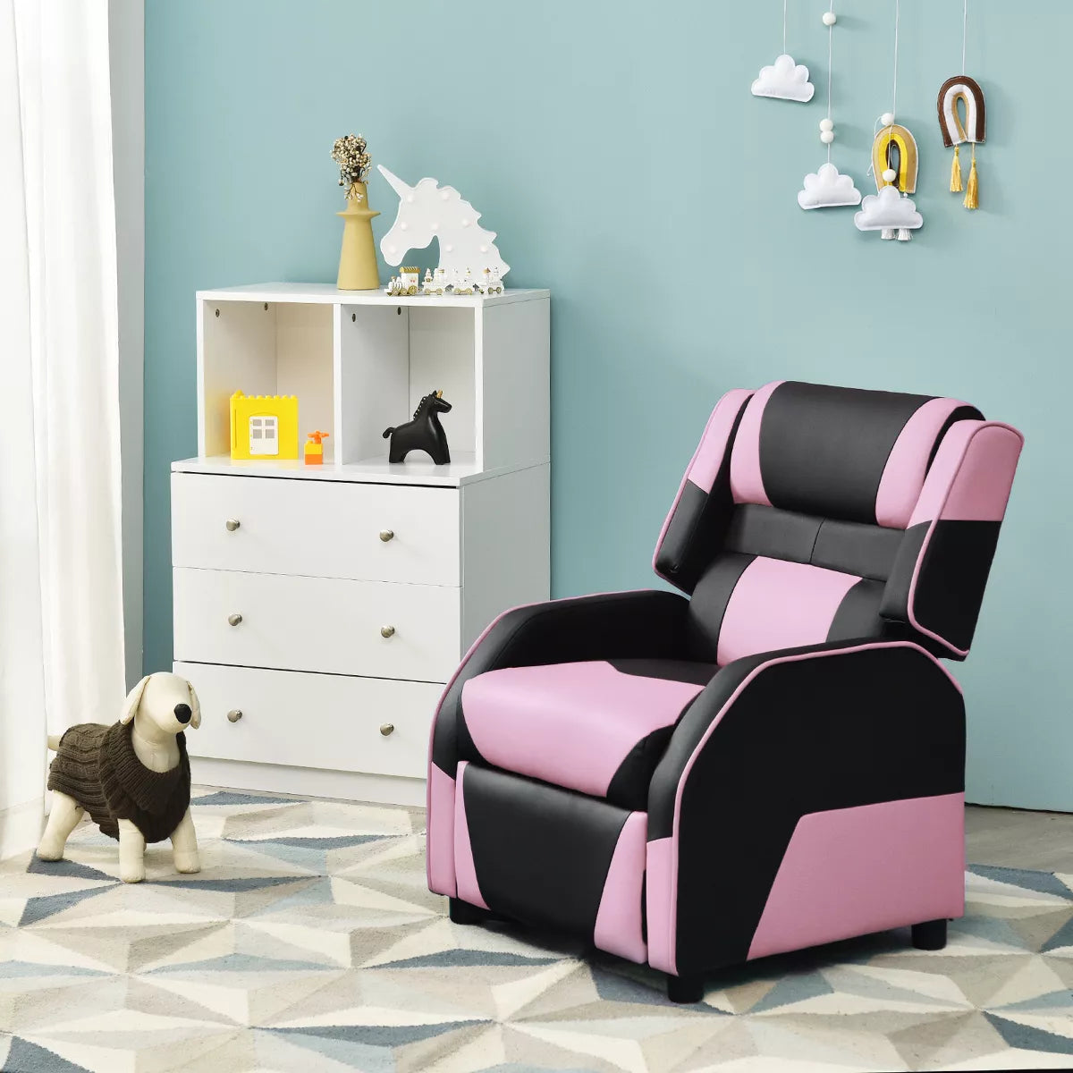 MAVA Infans Kids Youth Gaming Sofa Recliner W/ Headrest & Footrest PU Leather Pink