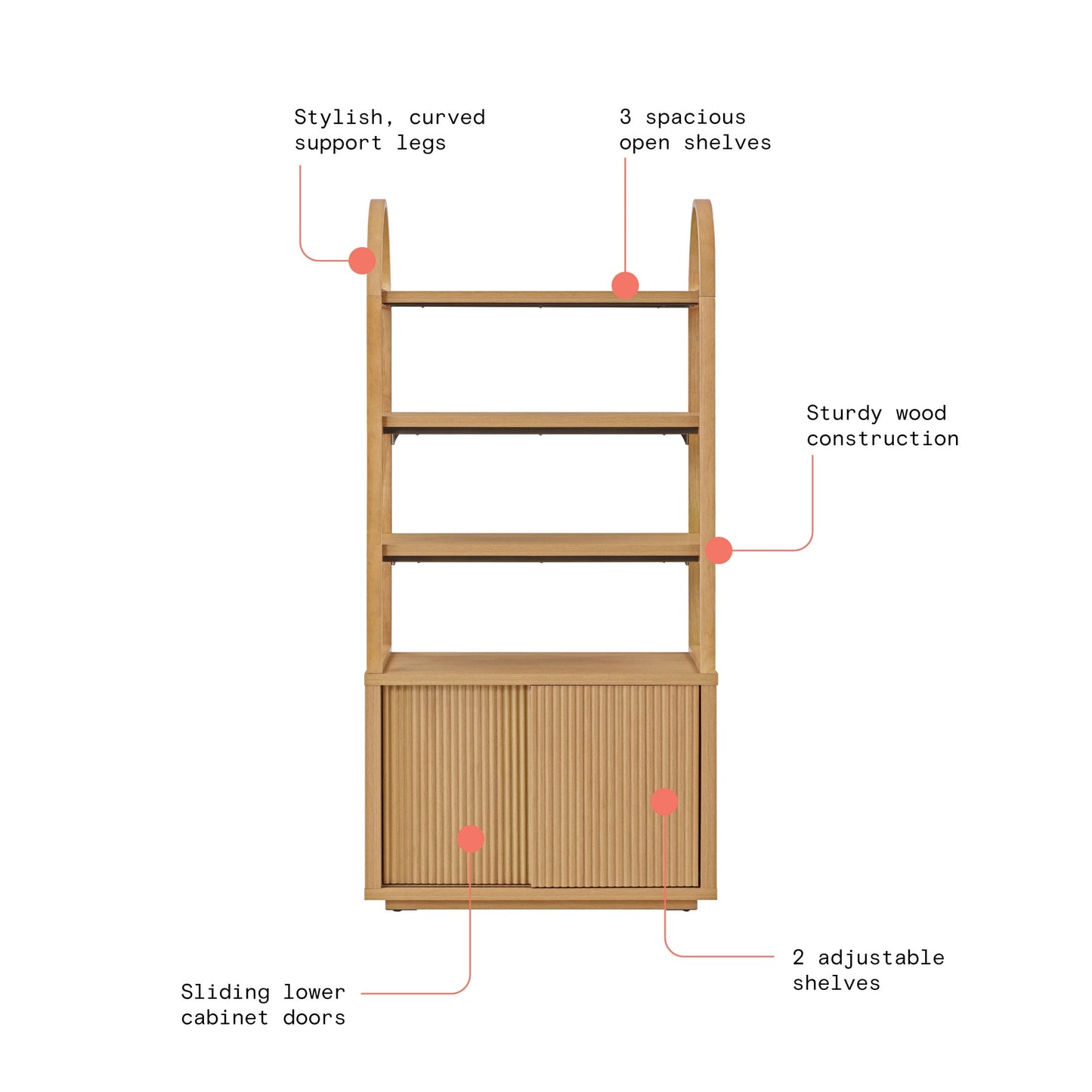 Fluted 3-Shelf Bookcase with Storage Cabinet by Drew Barrymore, Light Honey Wood Finish