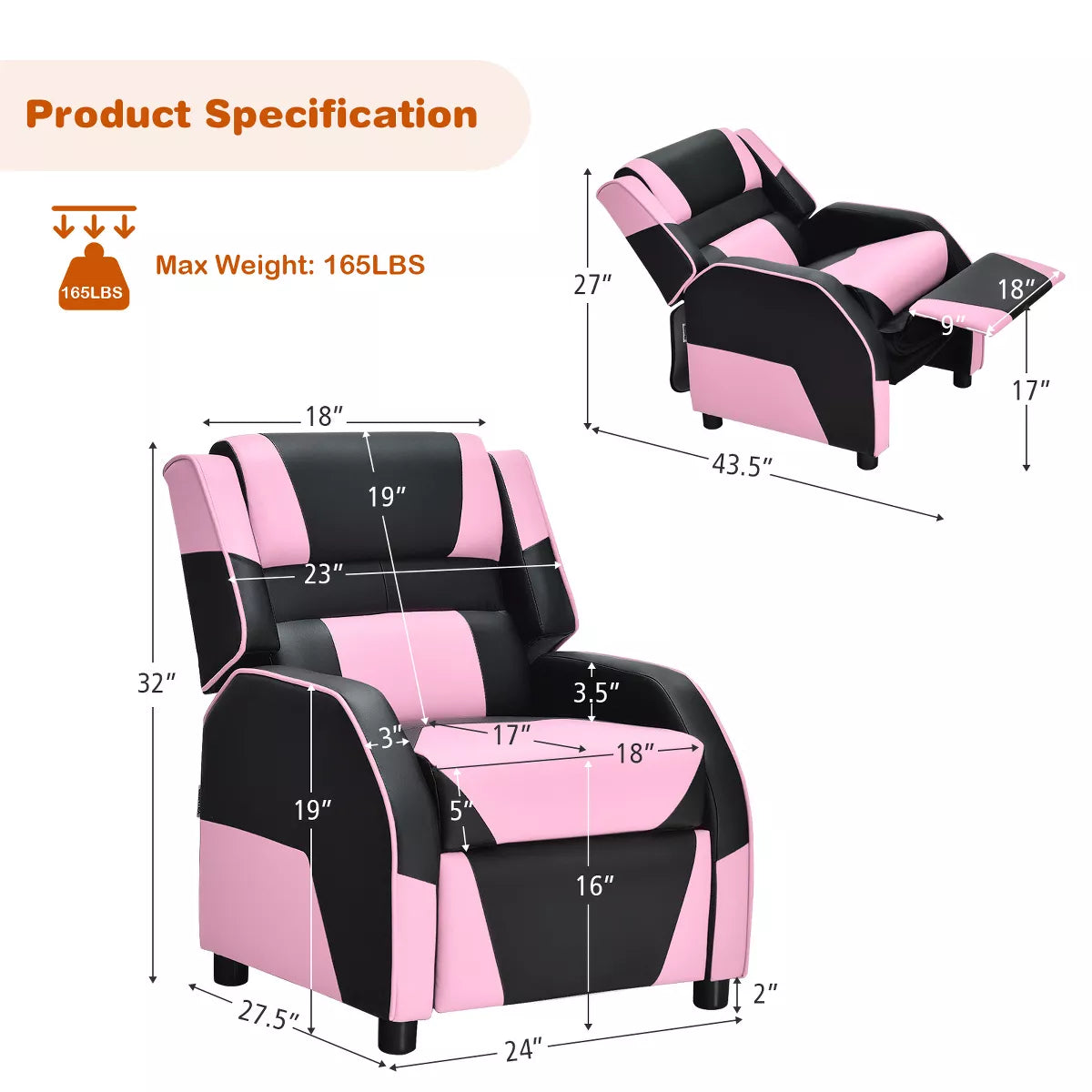 MAVA Infans Kids Youth Gaming Sofa Recliner W/ Headrest & Footrest PU Leather Pink