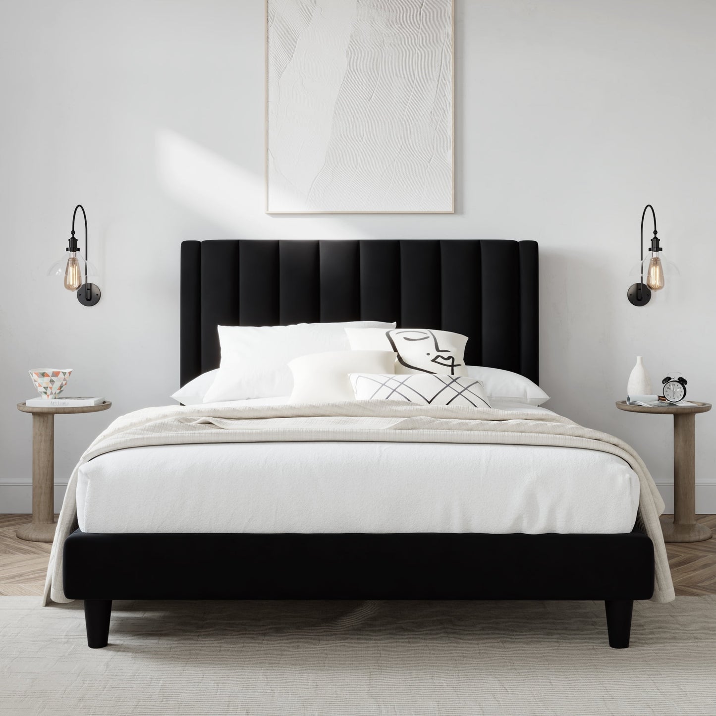 MAVA Queen Size Platform Upholstered Bed Frame with Velvet Channel Headboard, Black