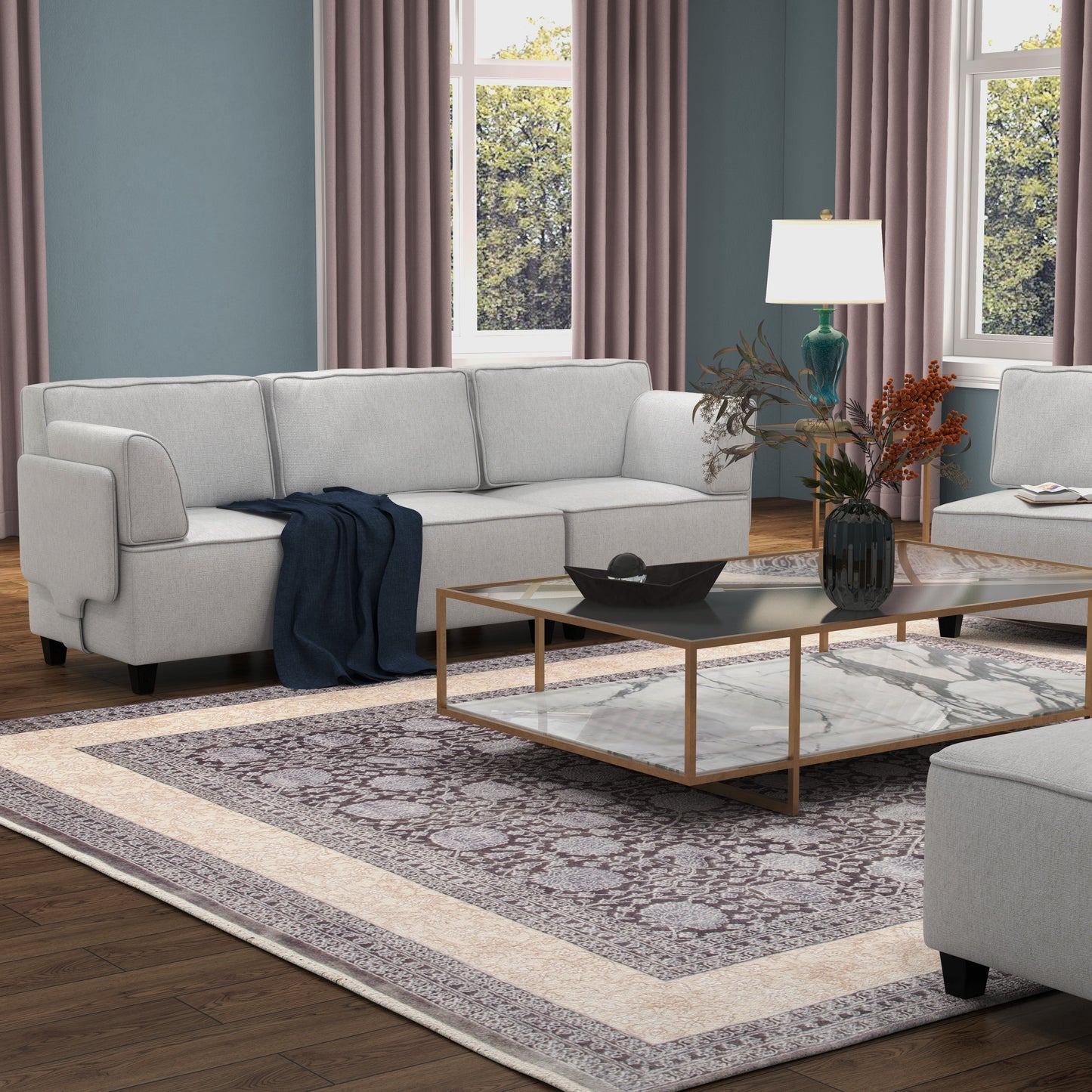 4-Piece Modular Sectional Sofa with Ottoman, Light Gray