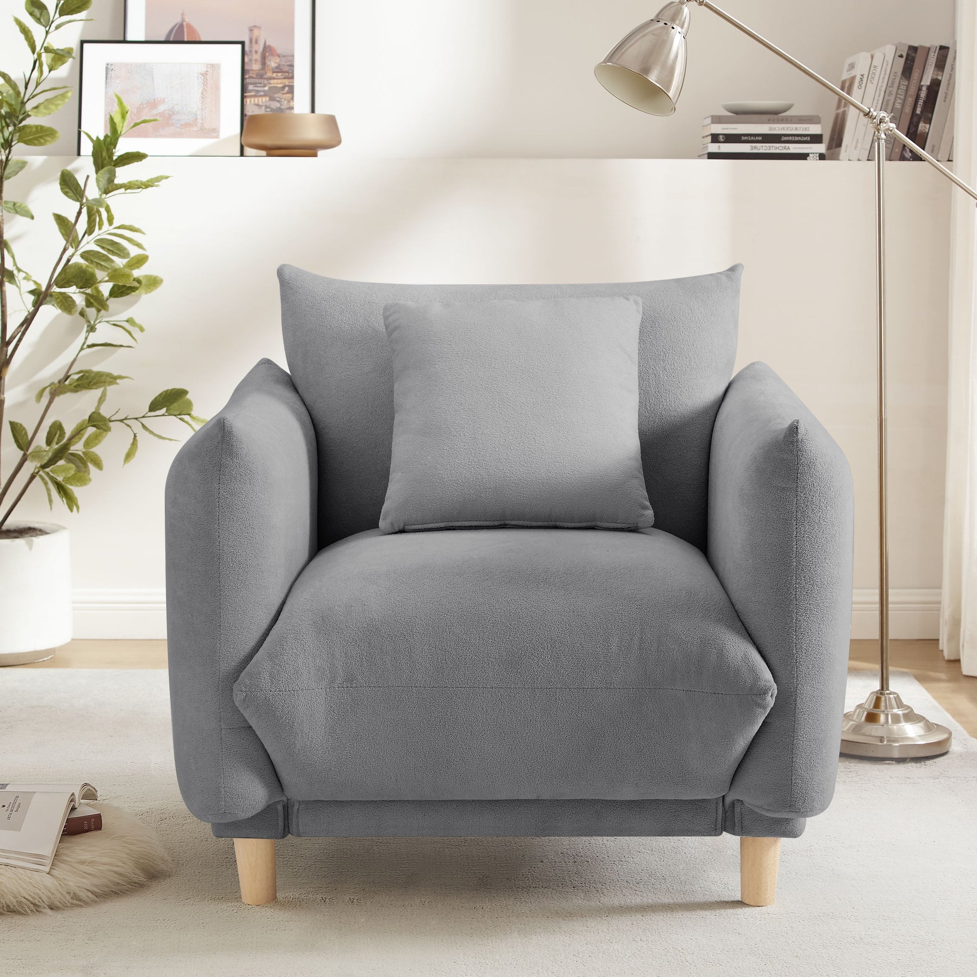 Oversize Accent Chairs for Living Room,Comfy Towelling Fabric Upholstered Armchair,Mid Century Modern Reading Arm Chair Single Sofa Chair with Solid Wood Legs for Living Room Bedroom Playroom,Gray