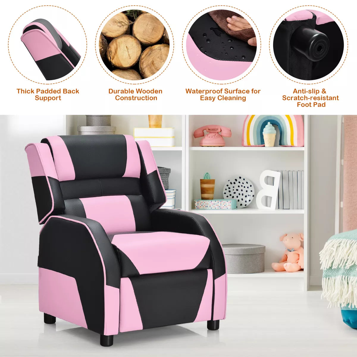 MAVA Infans Kids Youth Gaming Sofa Recliner W/ Headrest & Footrest PU Leather Pink