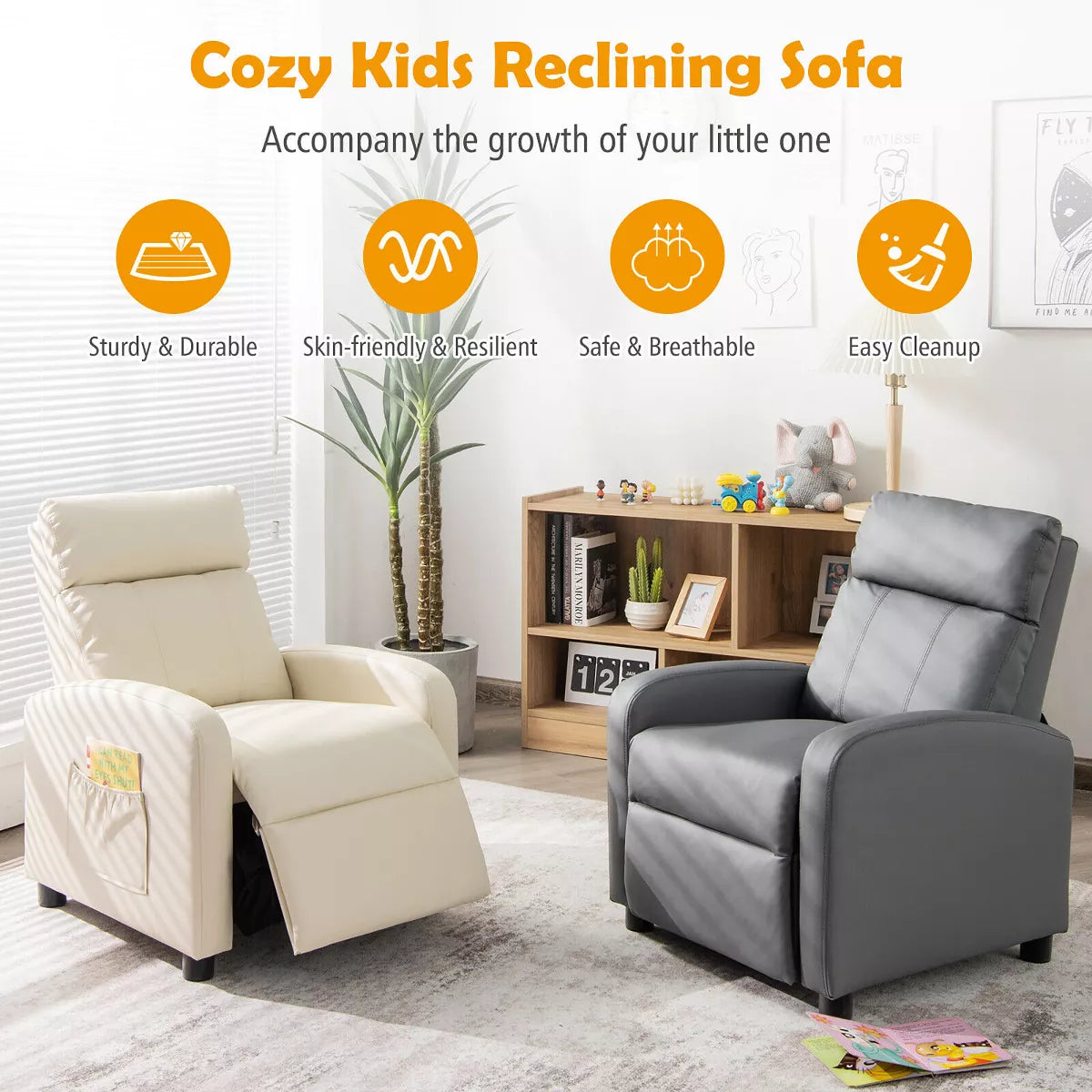 MAVA Kids Recliner Chair Adjustable Leather Sofa Armchair W/ Footrest Side Pocket