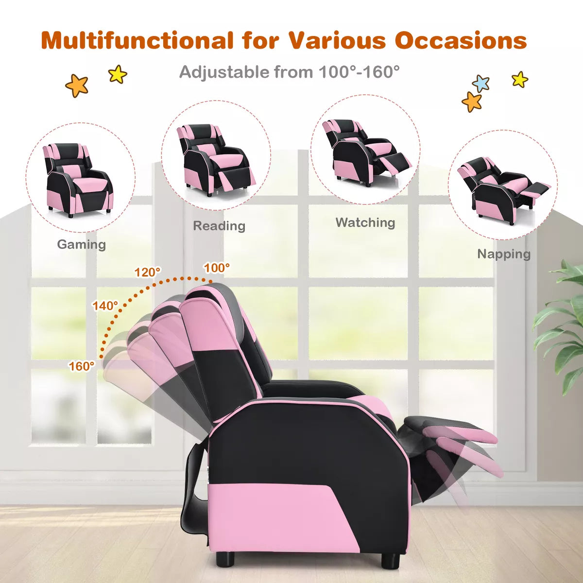 MAVA Infans Kids Youth Gaming Sofa Recliner W/ Headrest & Footrest PU Leather Pink