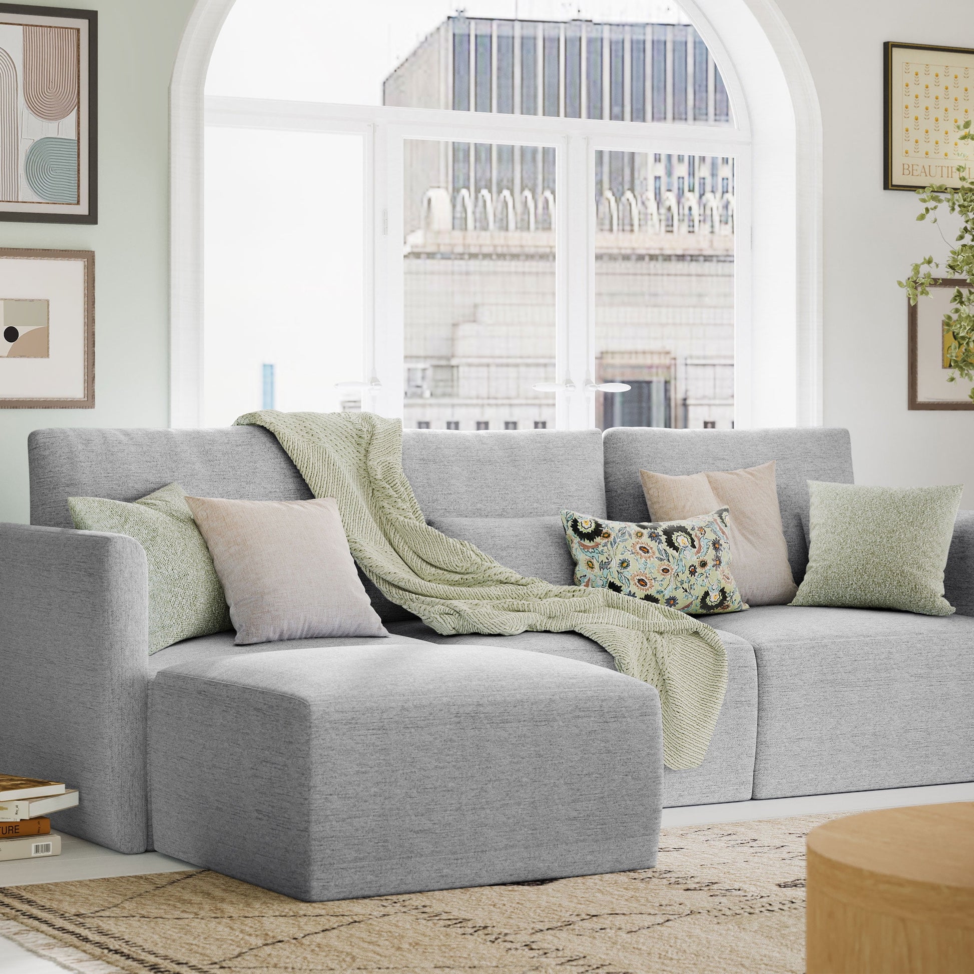 MAVA Modular Sectional Sofa with Ottoman by Drew Barrymore, Gray Fabric