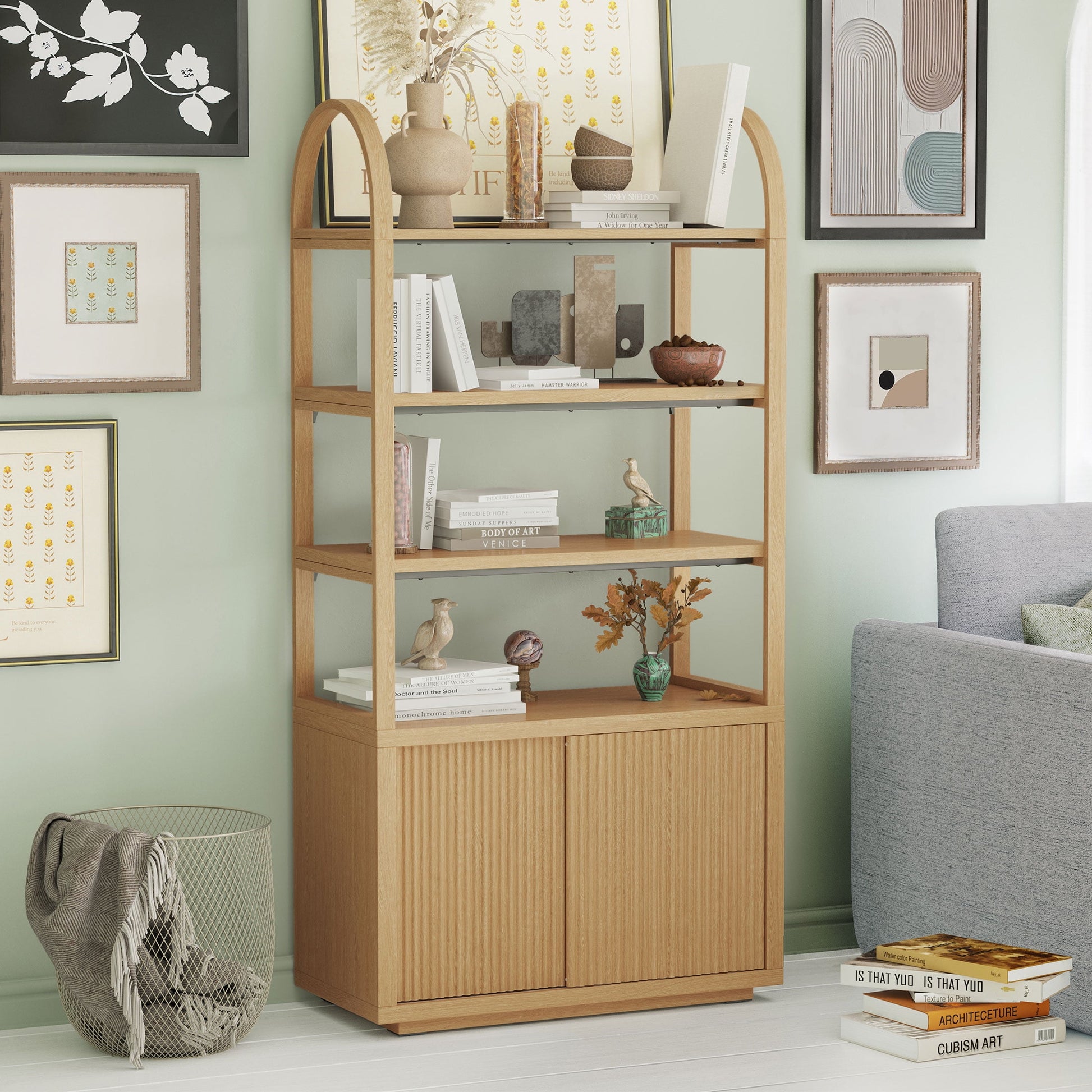 Fluted 3-Shelf Bookcase with Storage Cabinet by Drew Barrymore, Light Honey Wood Finish