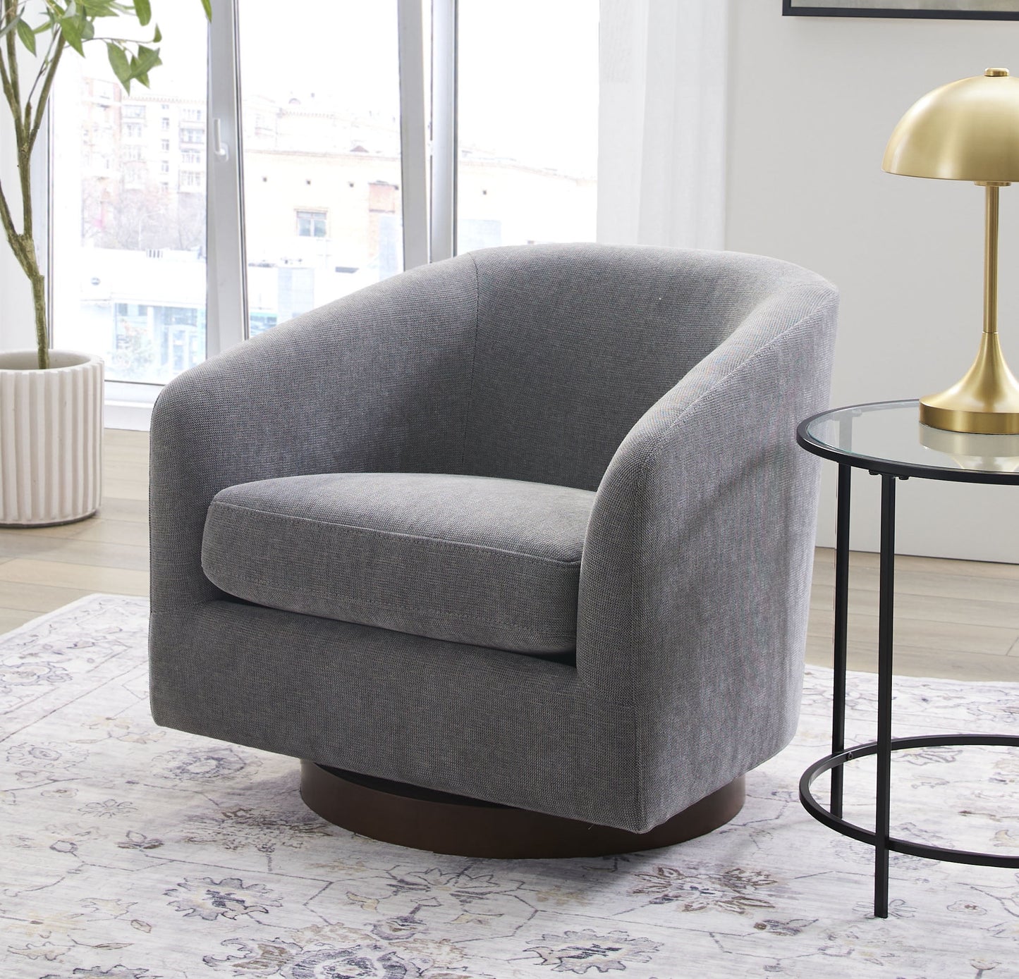 MAVA Wooden Base Modern Swivel Chair, Linen