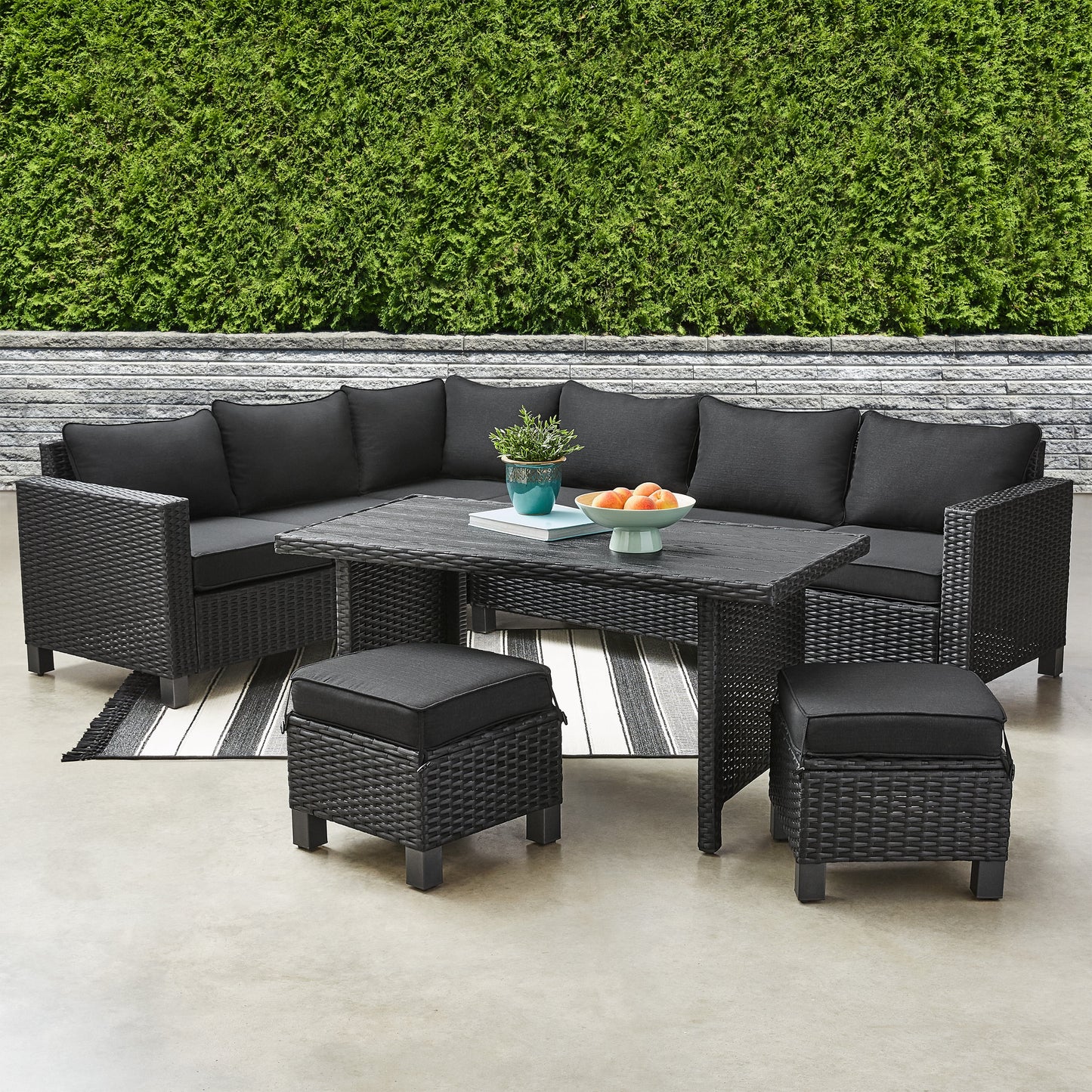 MAVA 5 Piece Wicker Outdoor Sectional Dining Set - Light Gray/ Beige