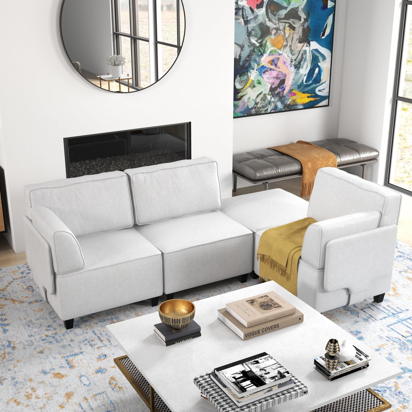 4-Piece Modular Sectional Sofa with Ottoman, Light Gray