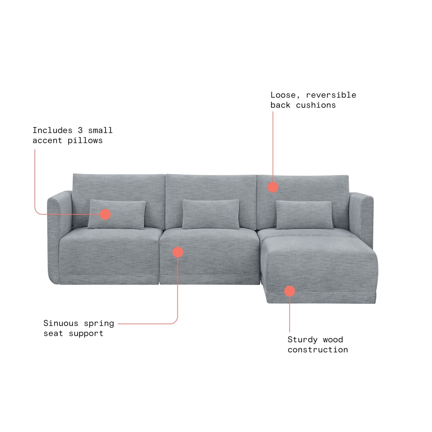 MAVA Modular Sectional Sofa with Ottoman by Drew Barrymore, Gray Fabric