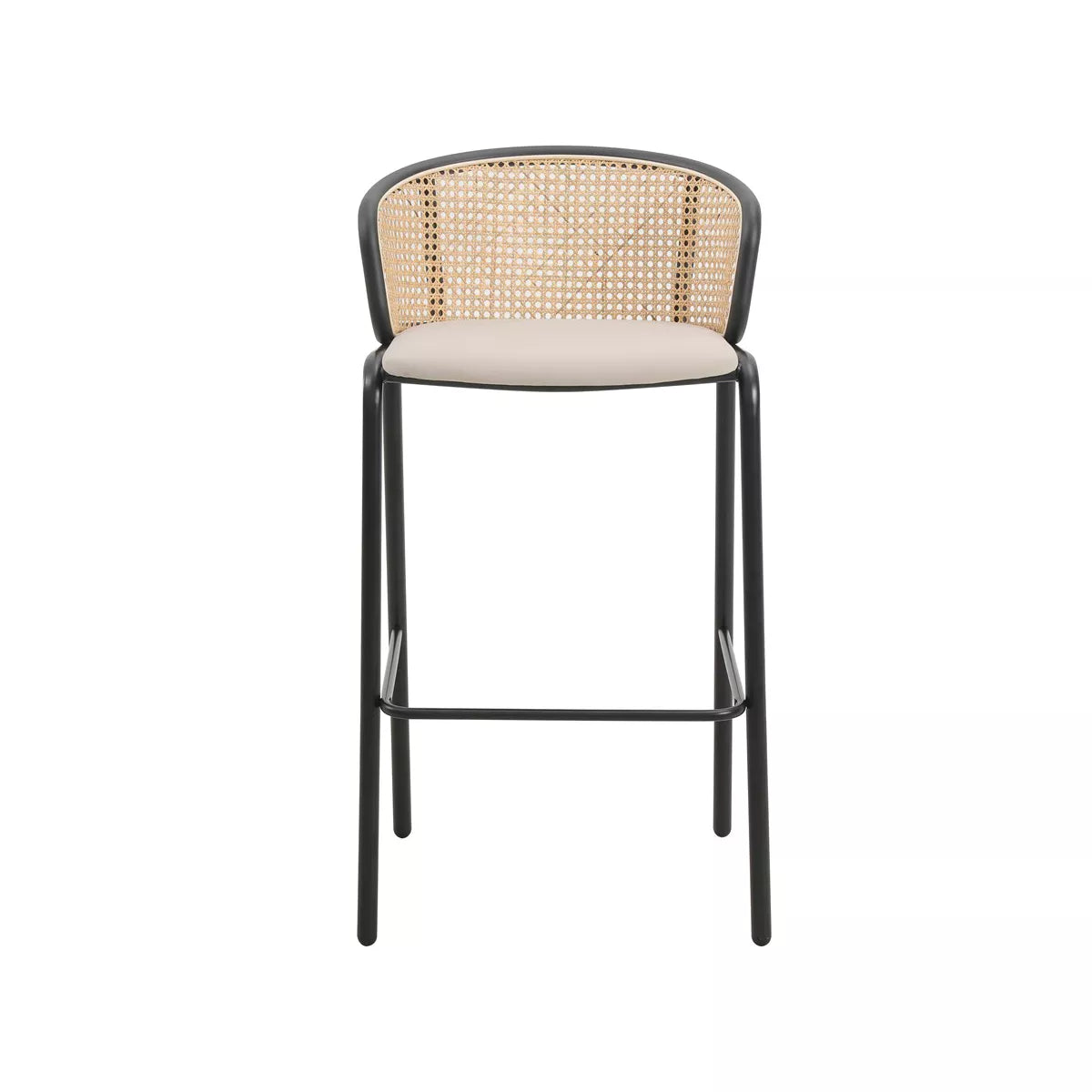 MAVA Mid-Century Modern Wicker Bar Stool with Fabric Seat and Black Powder Coated Steel Frame, Set of 2