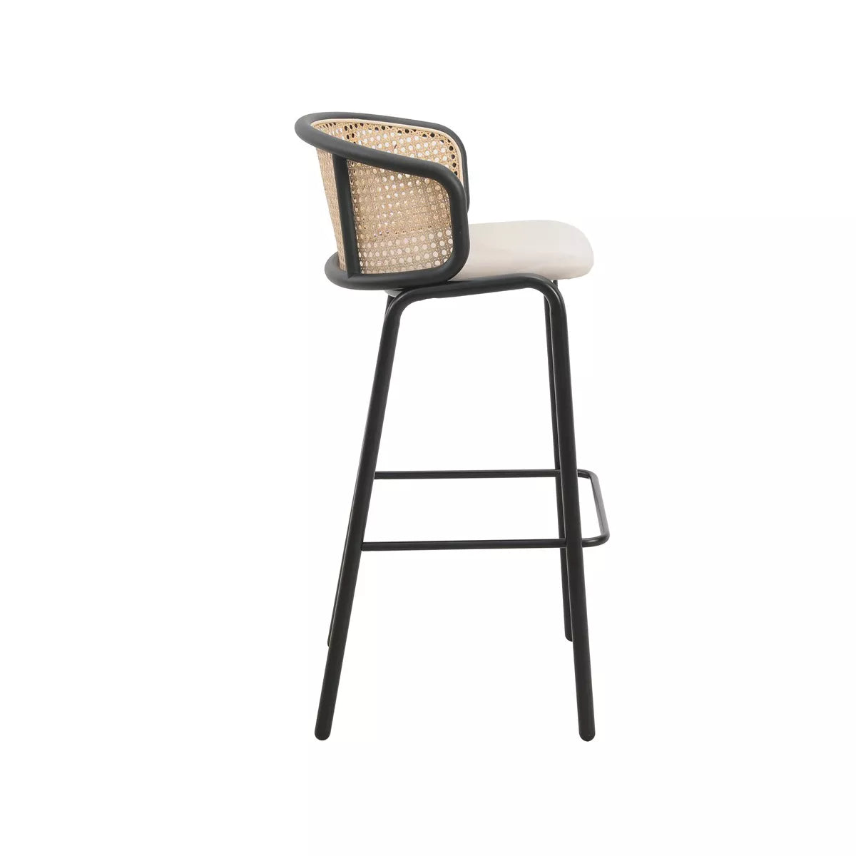 MAVA Mid-Century Modern Wicker Bar Stool with Fabric Seat and Black Powder Coated Steel Frame, Set of 2