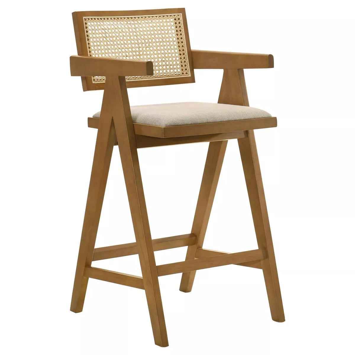 MAVA Home Furnishings Kane Solid Wood Bar Stool with Woven Rattan Back and Upholstered Seat Light Walnut (Set of 2)