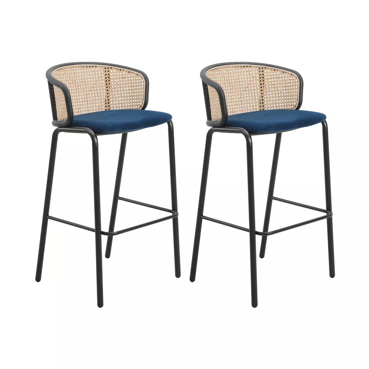 MAVA Mid-Century Modern Wicker Bar Stool with Fabric Seat and Black Powder Coated Steel Frame, Set of 2