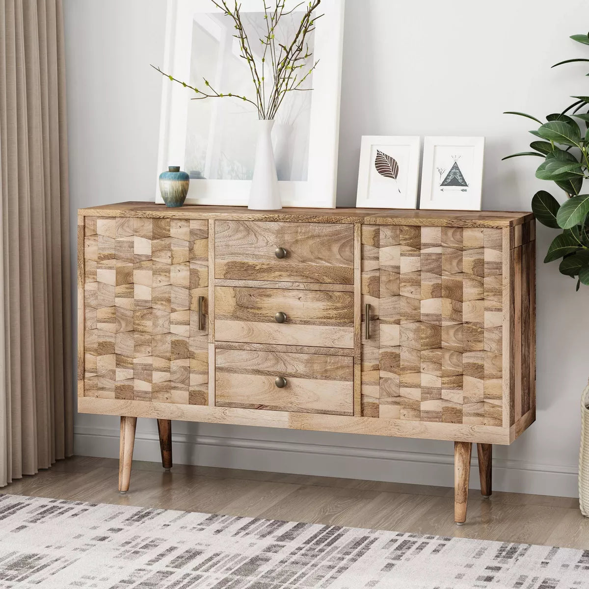 MAVA Mid-Century Modern 3 Drawer Sideboard Natural - Christopher Knight Home: Mango Wood Buffet Table, 2 Doors