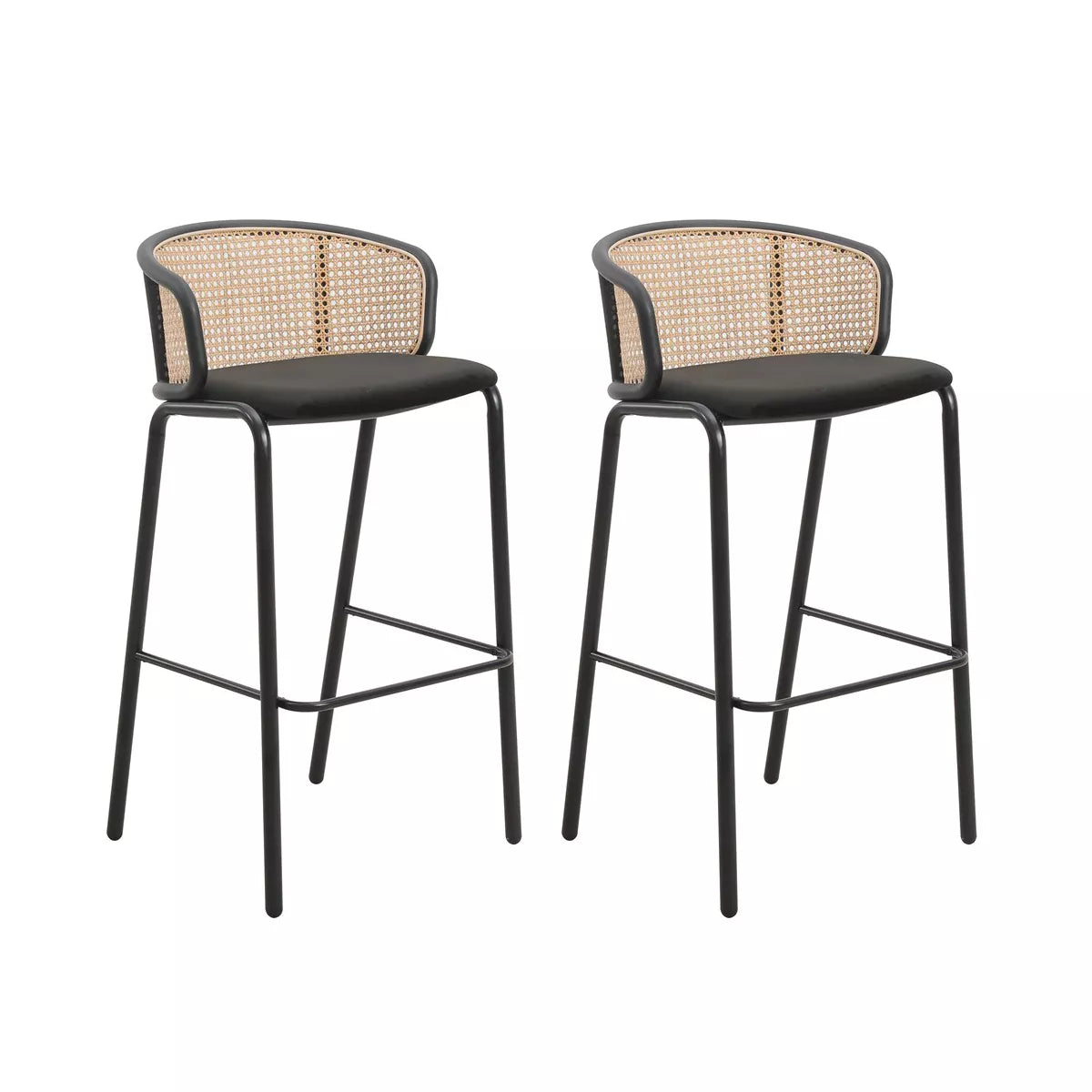 MAVA Mid-Century Modern Wicker Bar Stool with Fabric Seat and Black Powder Coated Steel Frame, Set of 2