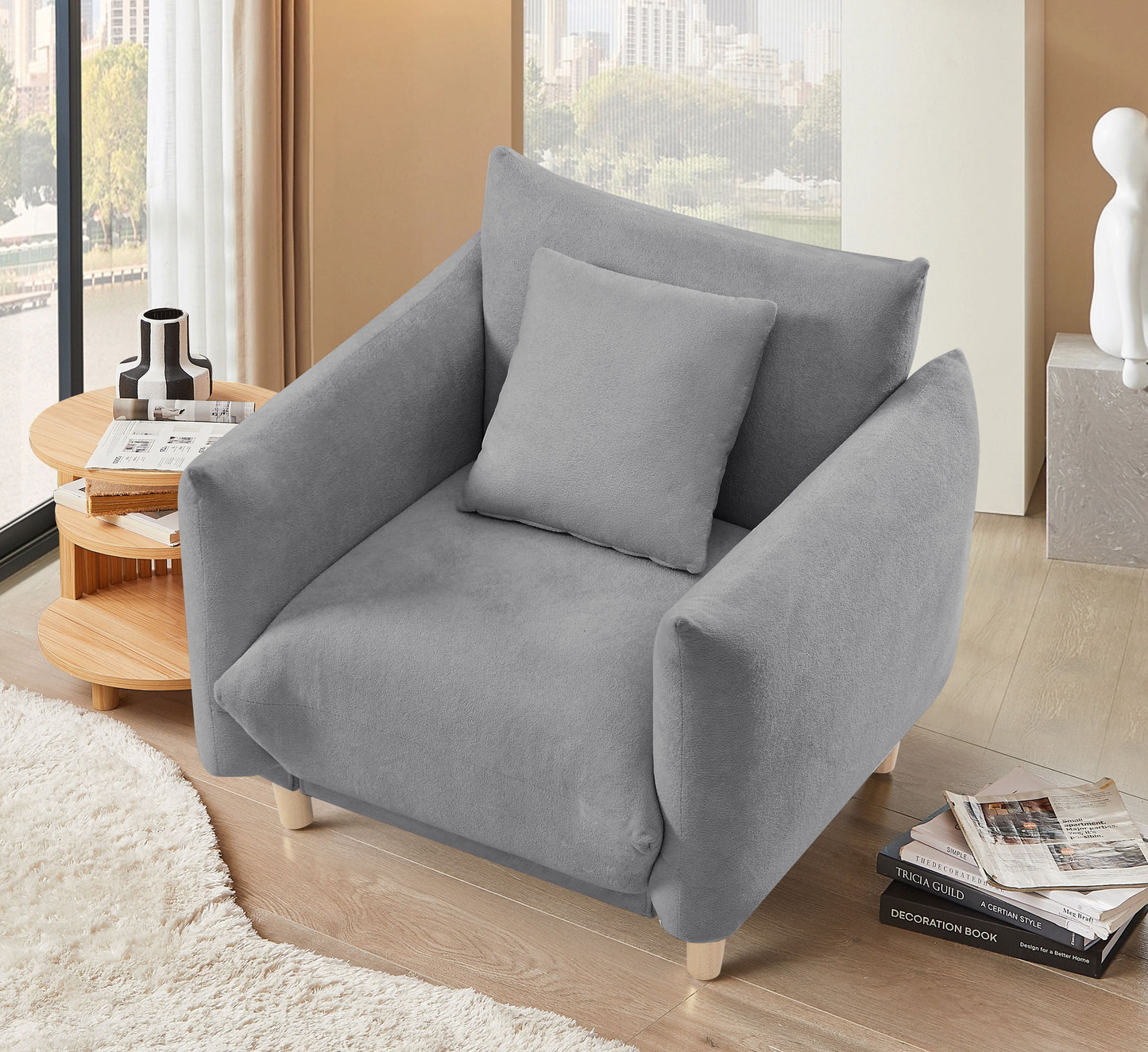 Oversize Accent Chairs for Living Room,Comfy Towelling Fabric Upholstered Armchair,Mid Century Modern Reading Arm Chair Single Sofa Chair with Solid Wood Legs for Living Room Bedroom Playroom,Gray