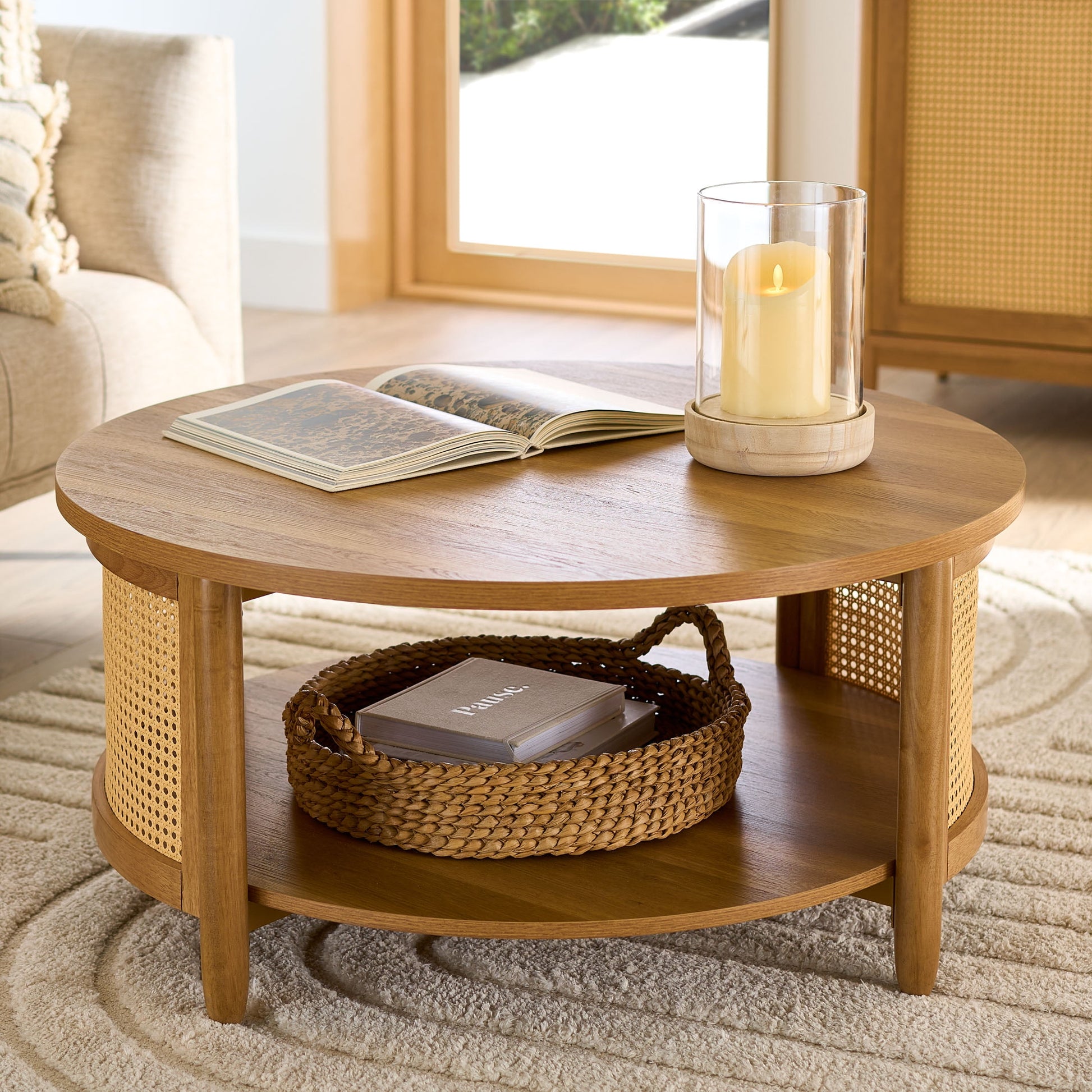 MAVA Caning Coffee Table, Light Honey Finish