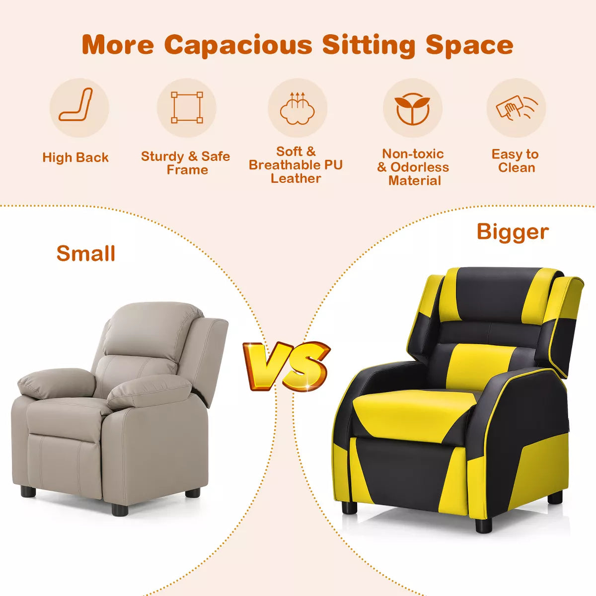 MAVA Infans Kids Youth Gaming Sofa Recliner W/Headrest & Footrest PU Leather Yellow