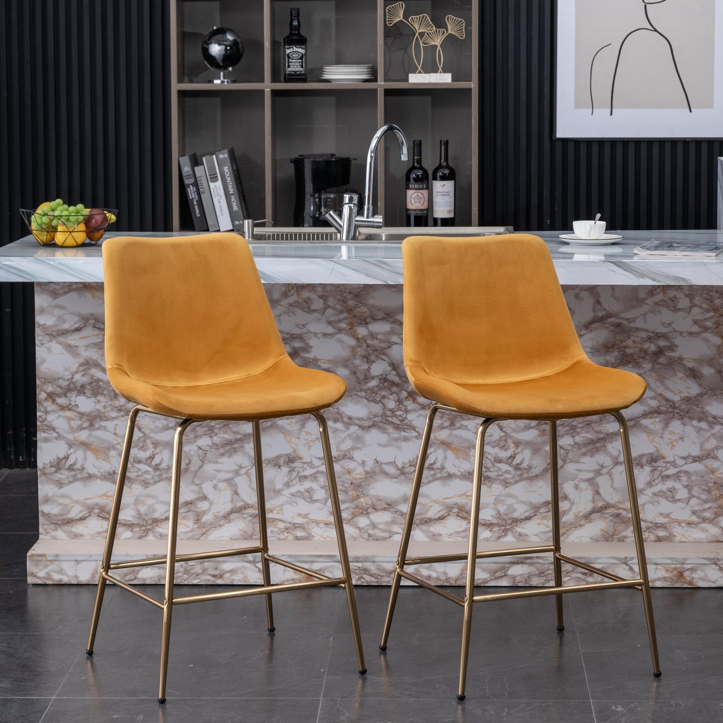 MAVA  Modern Velvet 26.50 in Counter Height Stools - Set of 2 - Gold