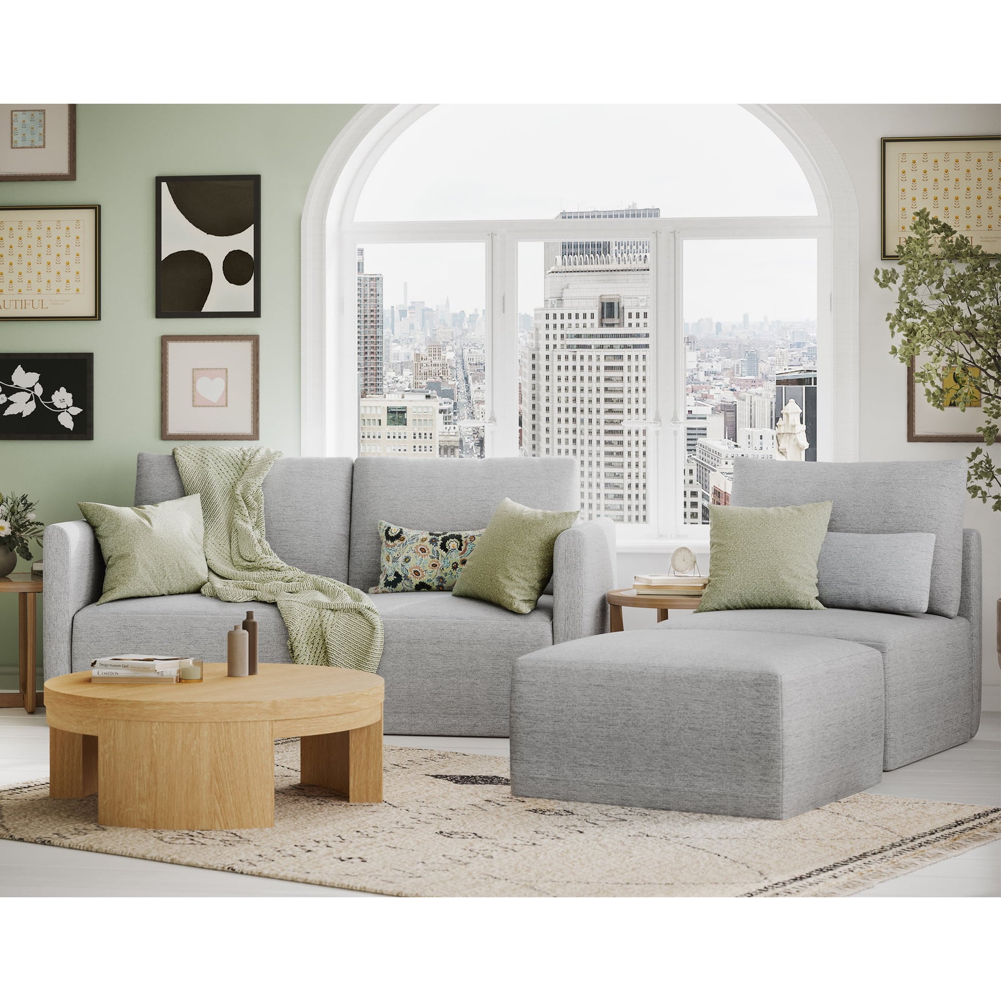 MAVA Modular Sectional Sofa with Ottoman by Drew Barrymore, Gray Fabric