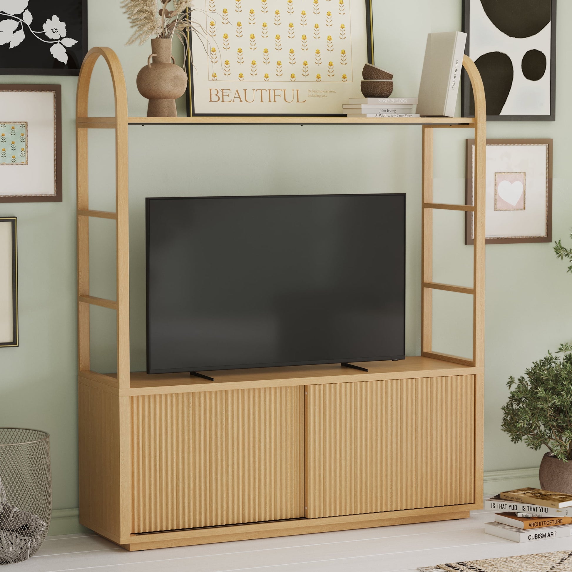 MAVA Large Bookcase Entertainment Center for Tv’S up to 65” by Drew Barrymore, Warm Honey Finish