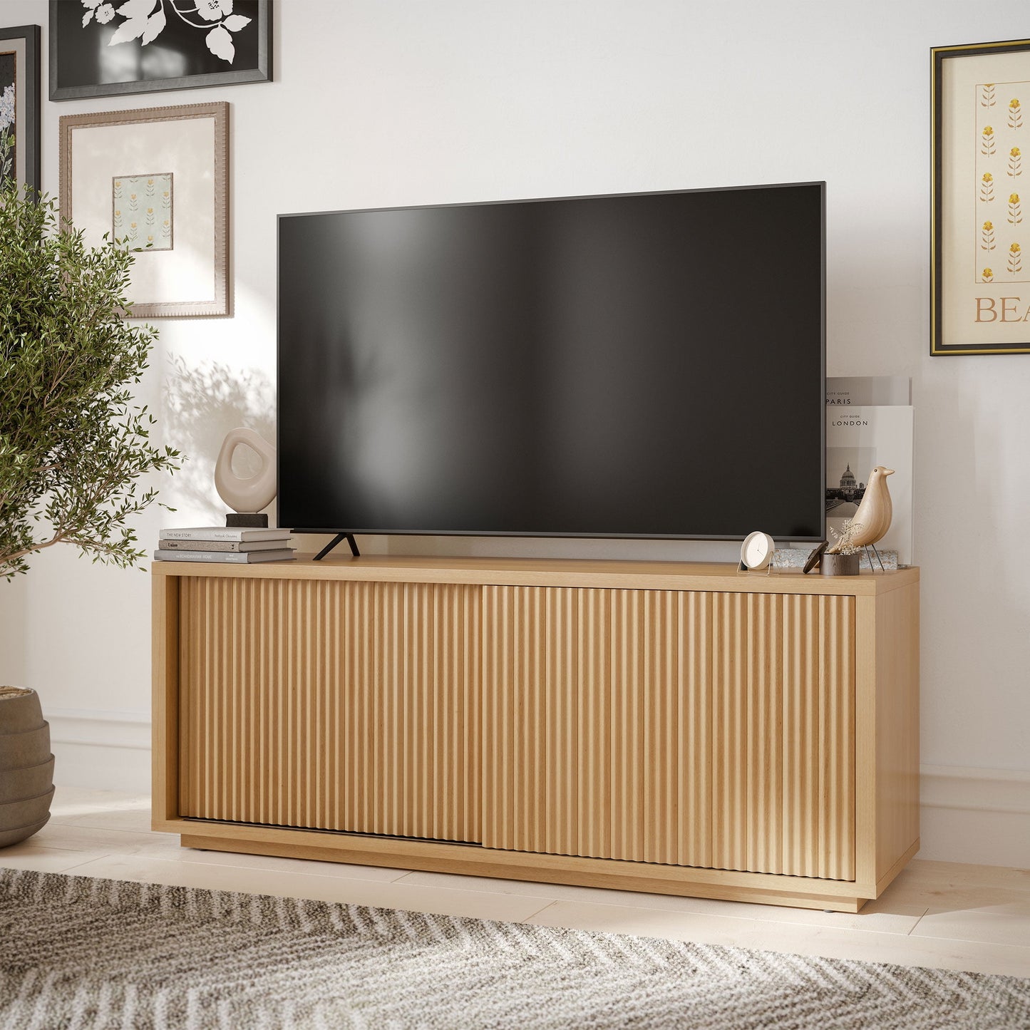 MAVA Large Bookcase Entertainment Center for Tv’S up to 65” by Drew Barrymore, Warm Honey Finish