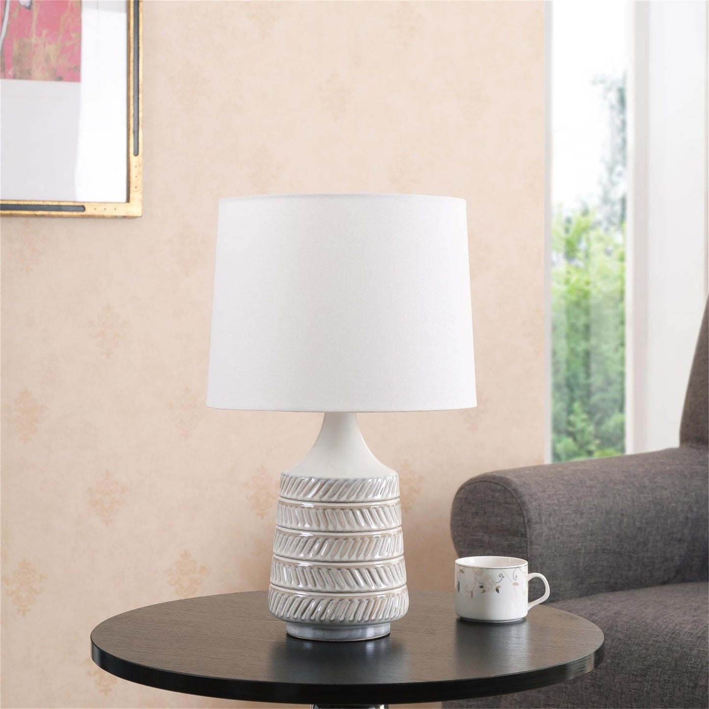 MAVA White and Beige Etched Ceramic Table Lamp with Shade 17"H