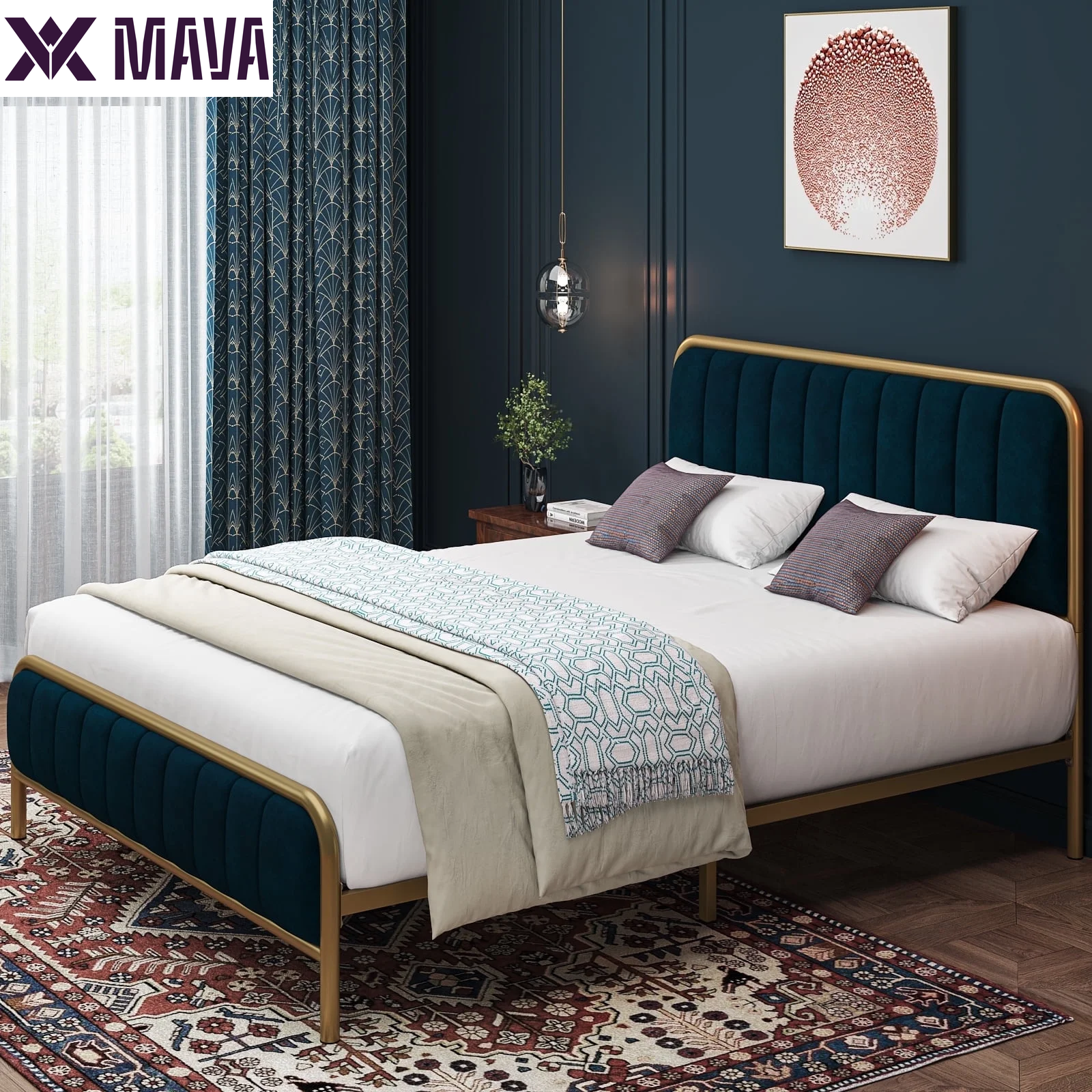 MAVA King Size Bed Frame, round Metal Tube Heavy Duty Bed Frame with Tufted Upholstered Headboard, Gold and Beige