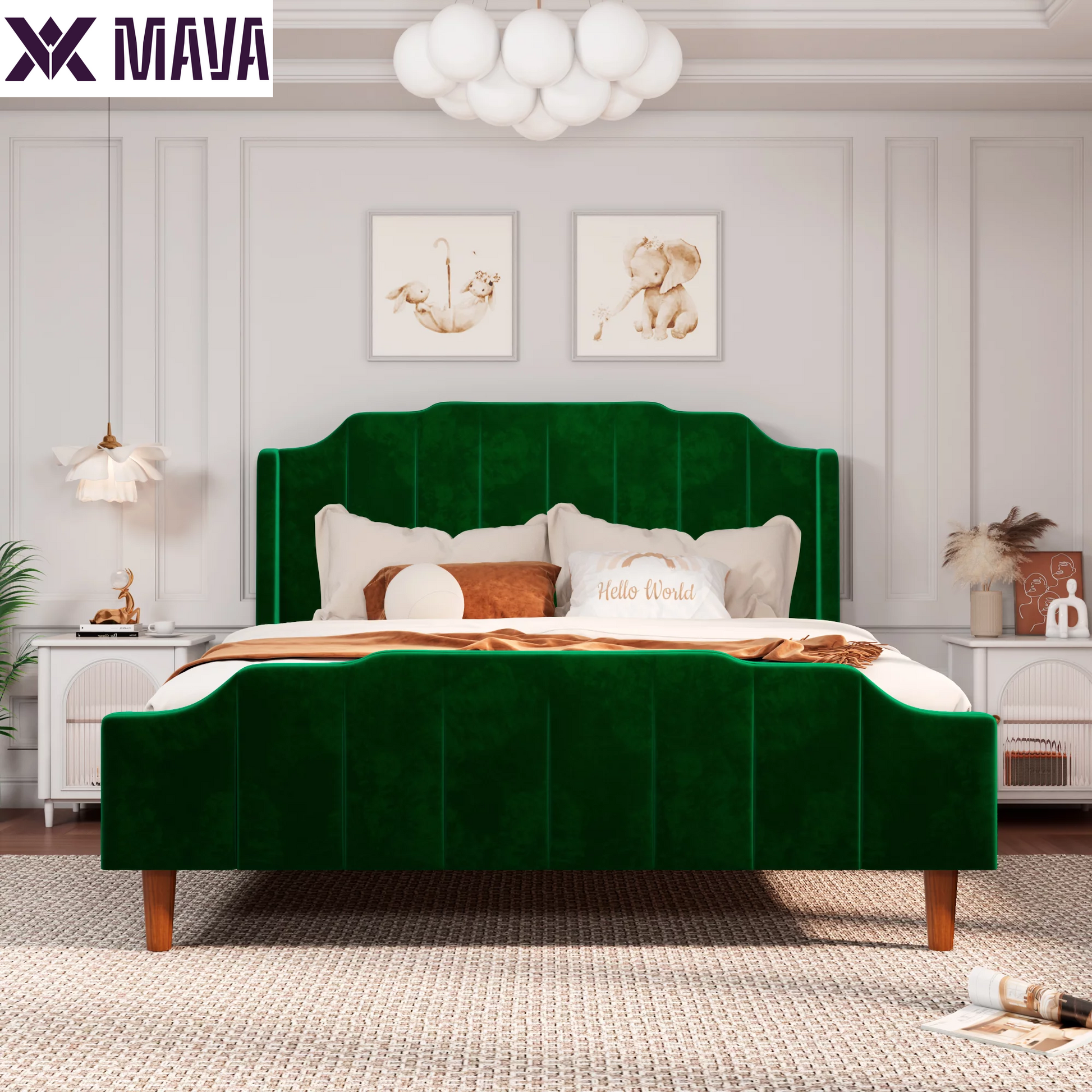 MAVA Queen Size Velvet Platform Bed with Modern Curved Upholstered Headboard and Footboard, Green