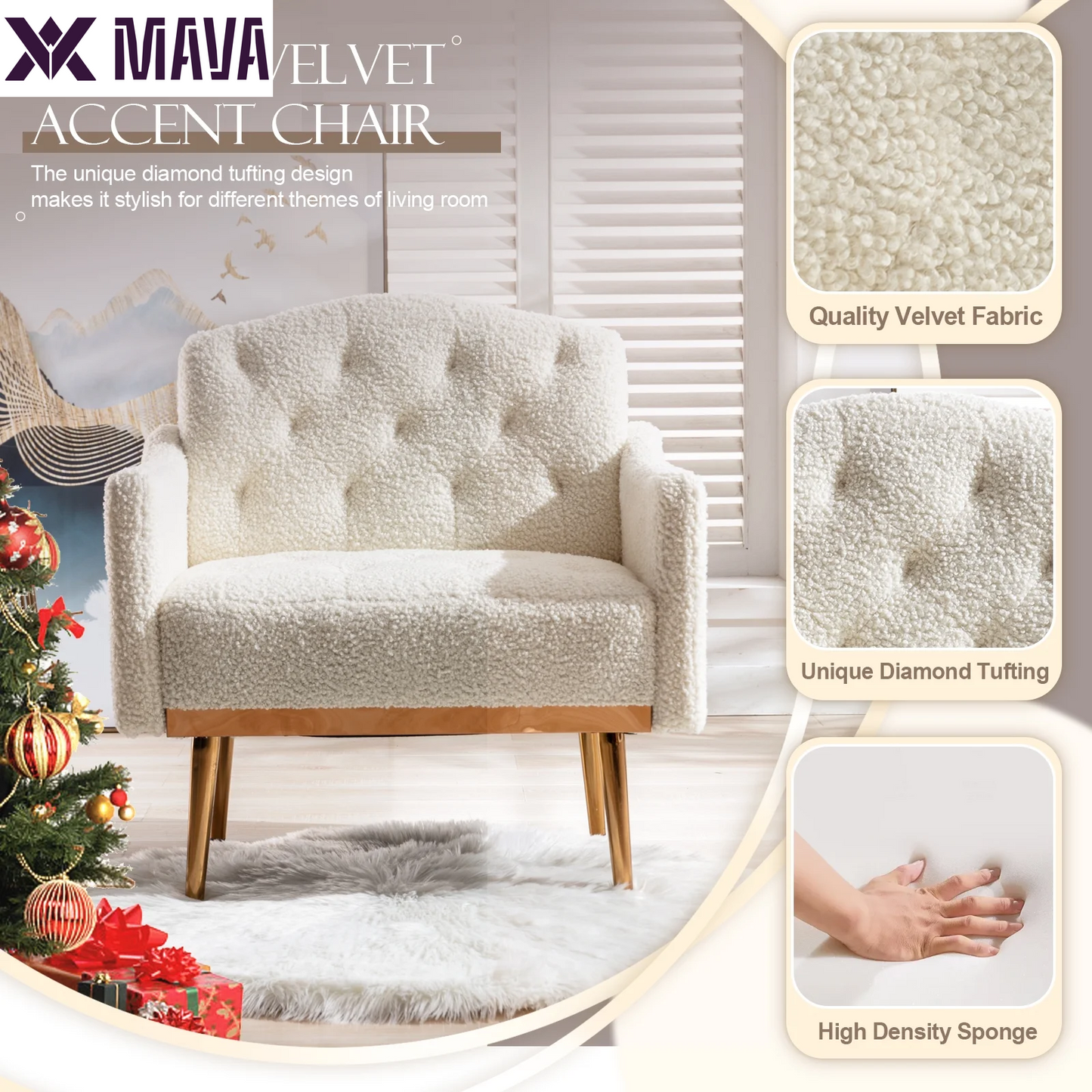 MAVA Modern Accent Chair, Upholstered Single Sofa Chair Sherpa Arm Chair for Living Room and Bedroom, Comfy Armchair with Metal Legs, White