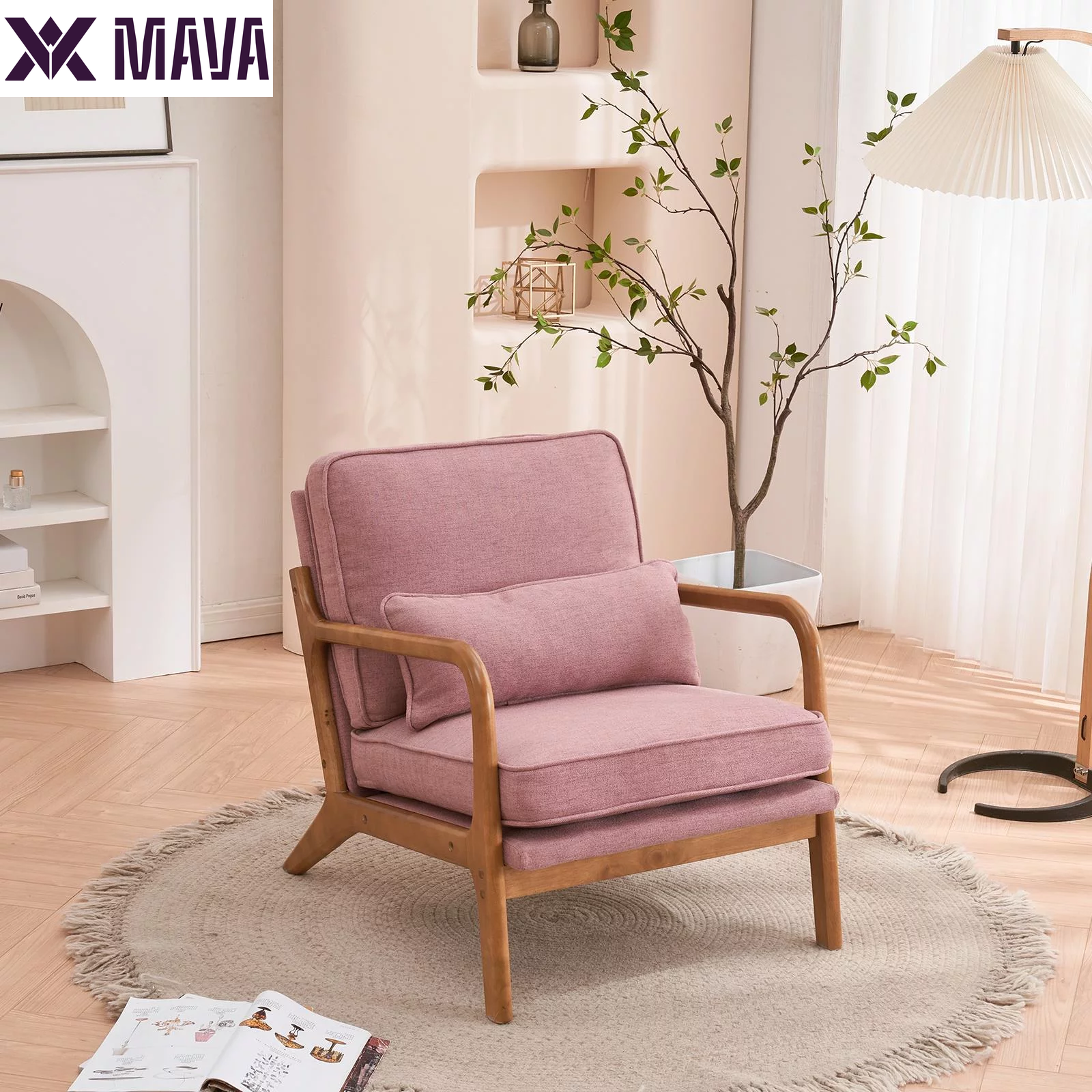 MAVA Modern Arm Chair Linen Fabric Upholstered Comfy Reading Accent Chair with Solid Wood Frame Beige