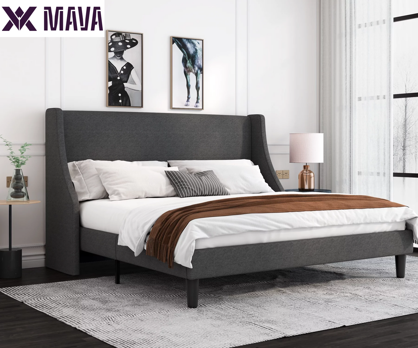 MAVA Queen Size Fabric Upholstered Platform Bed Frame with Wingback Headboard, Light Grey